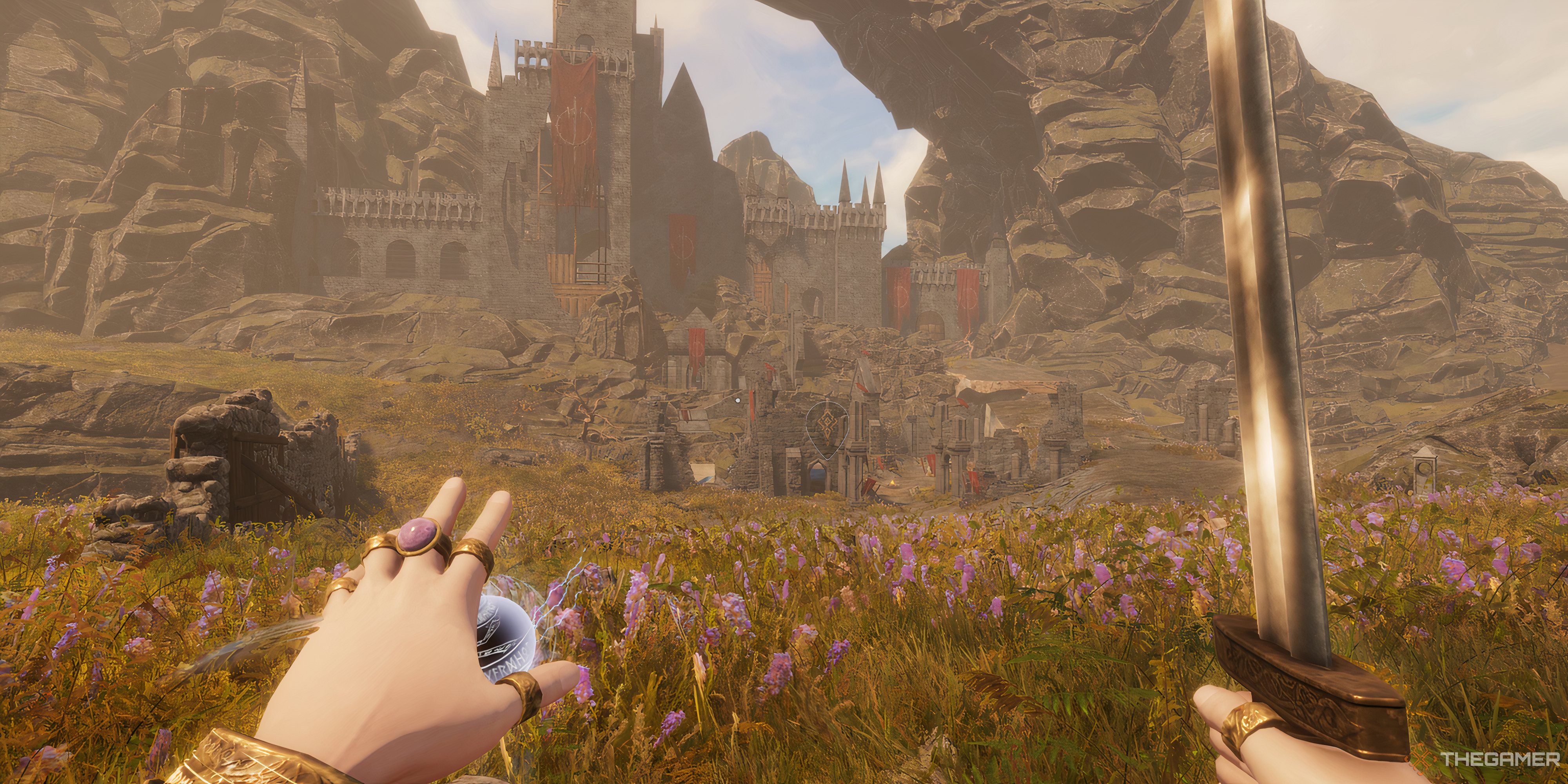 Player holding a sword and a spell and looking at the Iron Gate - Tainted Grail The Fall Of Avalon