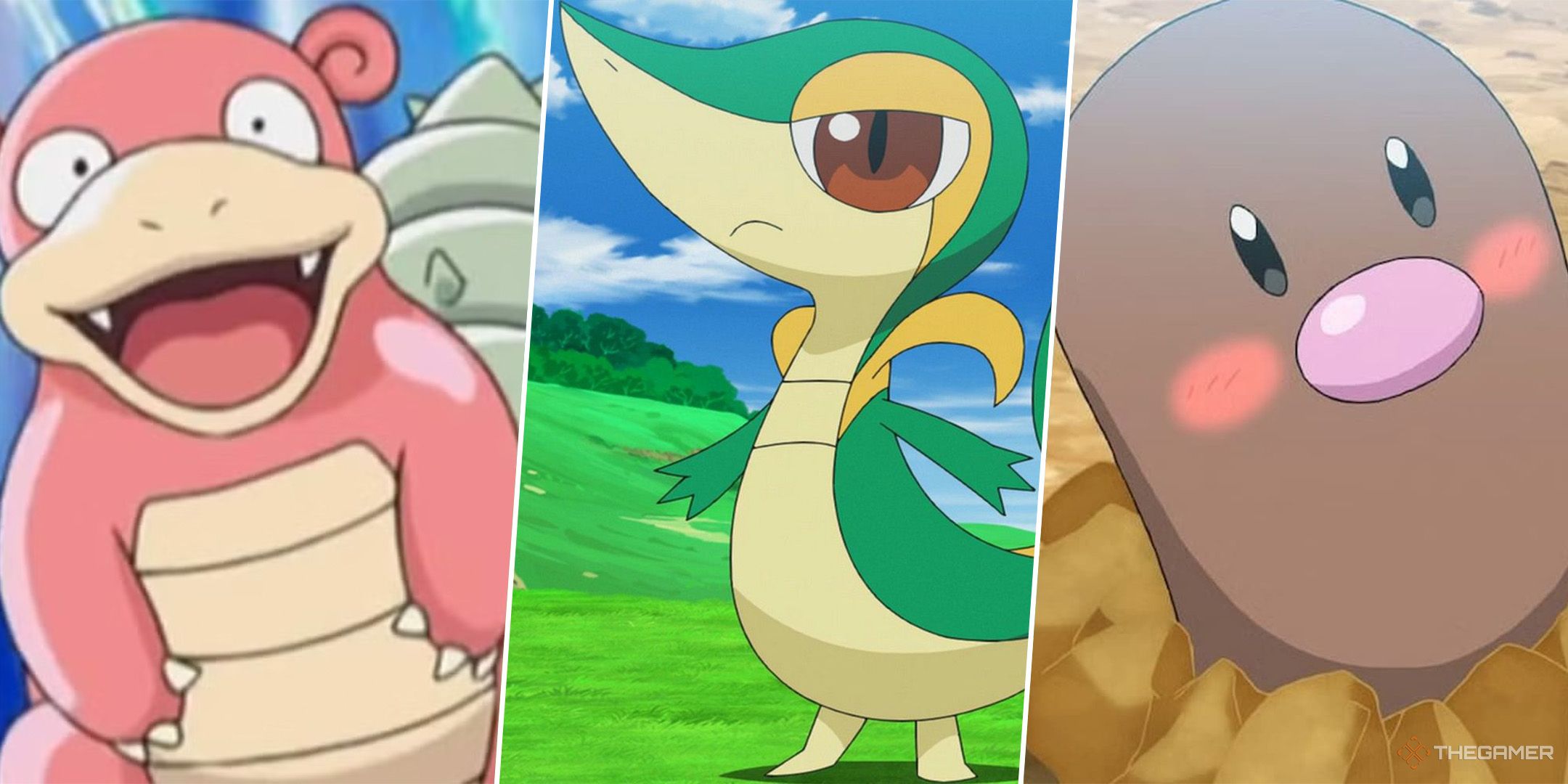 A split image comprised of the Pokemon Slowbro, Snivy, and Diglett.