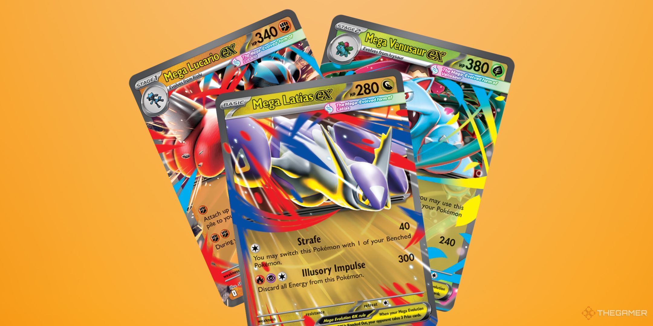 Three Pokemon cards stacked on top of each other, with an orange background.