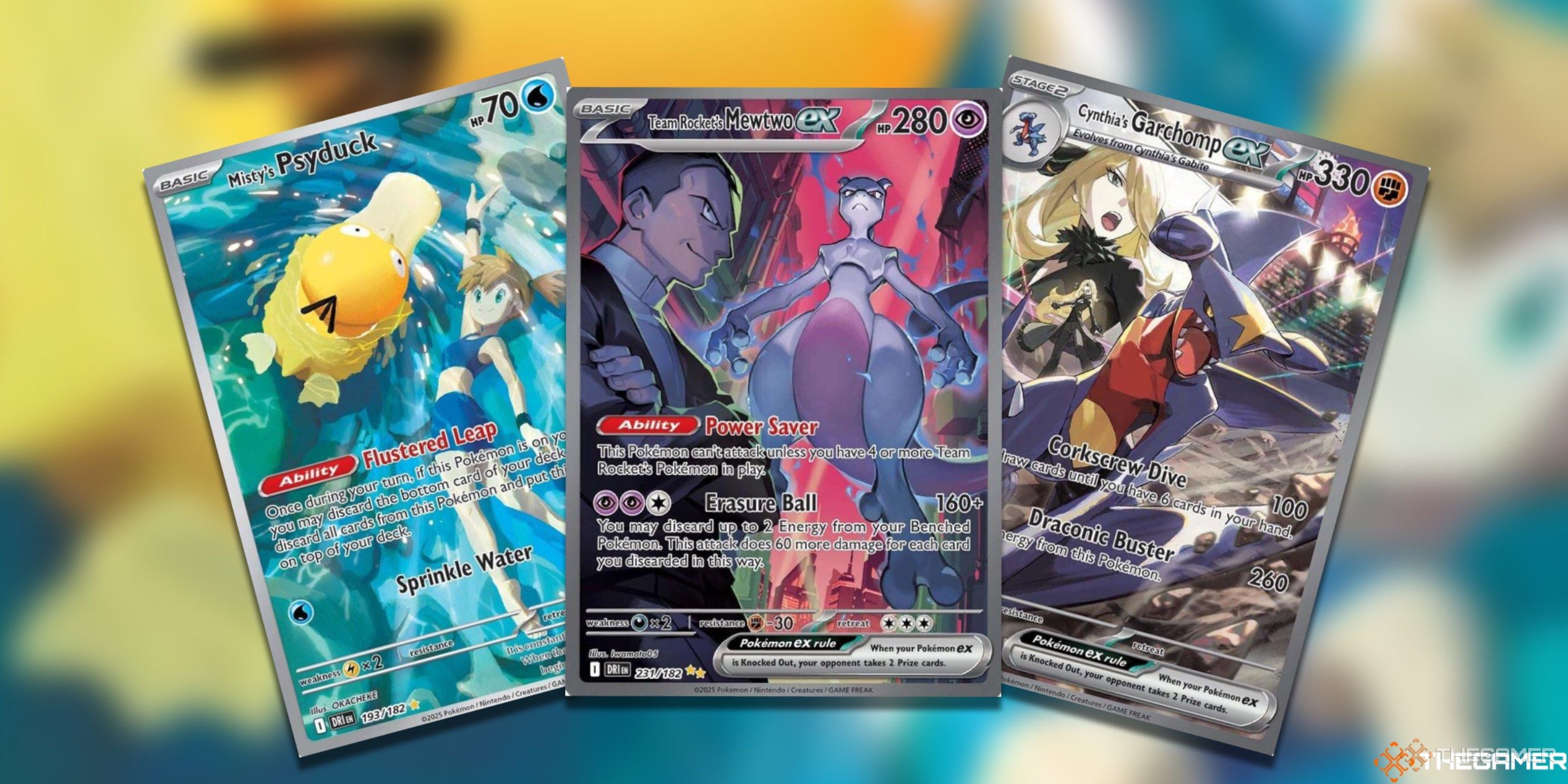 A fanned card image of Misty's Psyduck, Team Rocket's Mewtwo, and Cynthia's Garchomp from the Pokemon TCG's Destined Rivals set.
