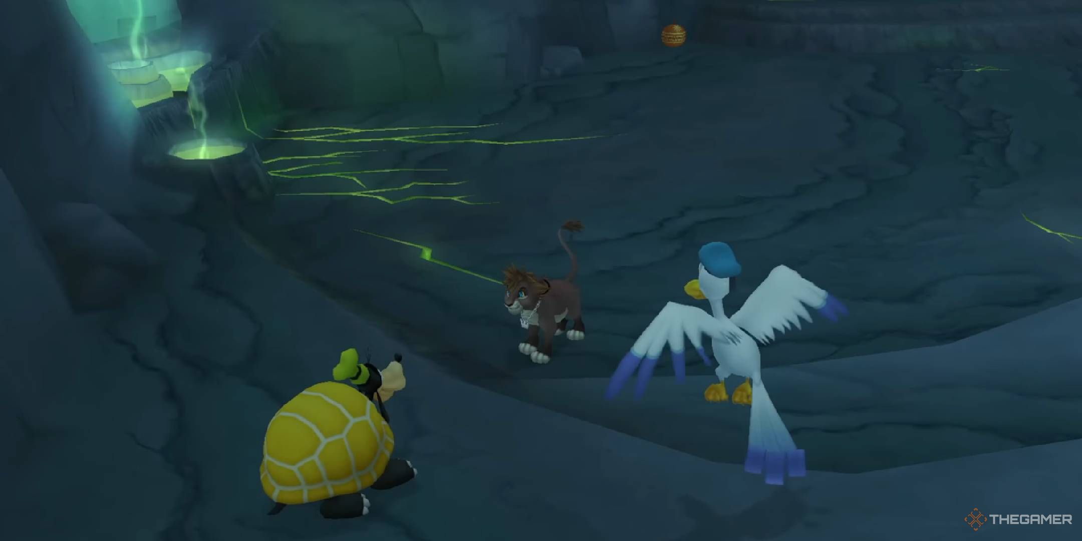 Pride Lands Sora Donald and Goofy in the Elephant Graveyard cave in Kingdom Hearts 2.
