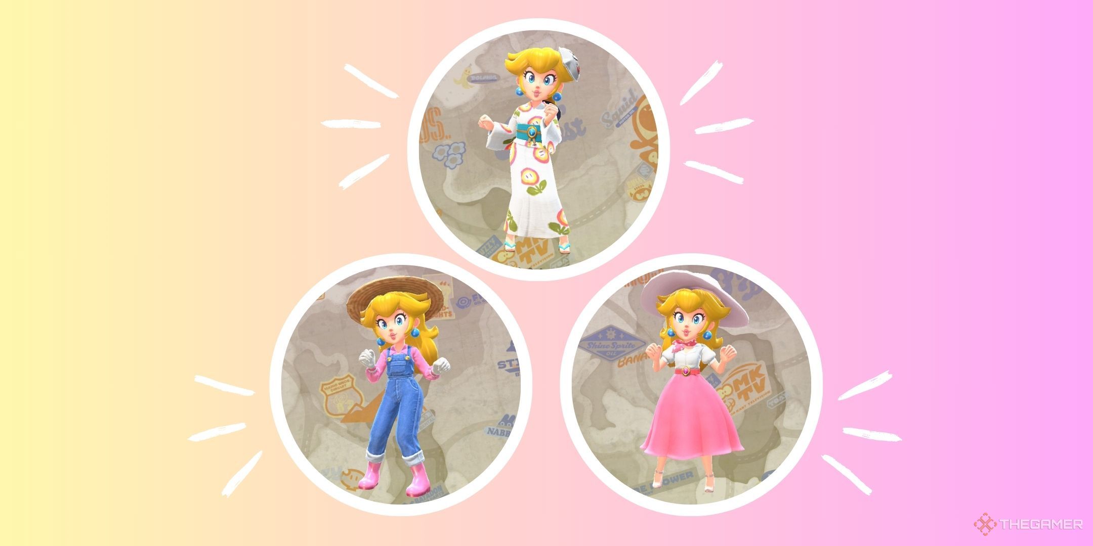 Princess Peach wearing various outfits from Mario Kart World on a pink and yellow background.