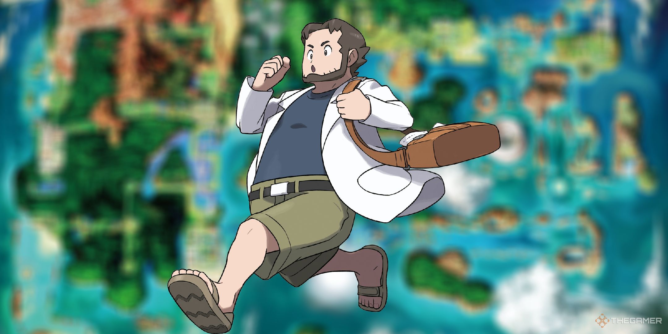 Professor Birch in front of a blurred out image of the Hoenn region.