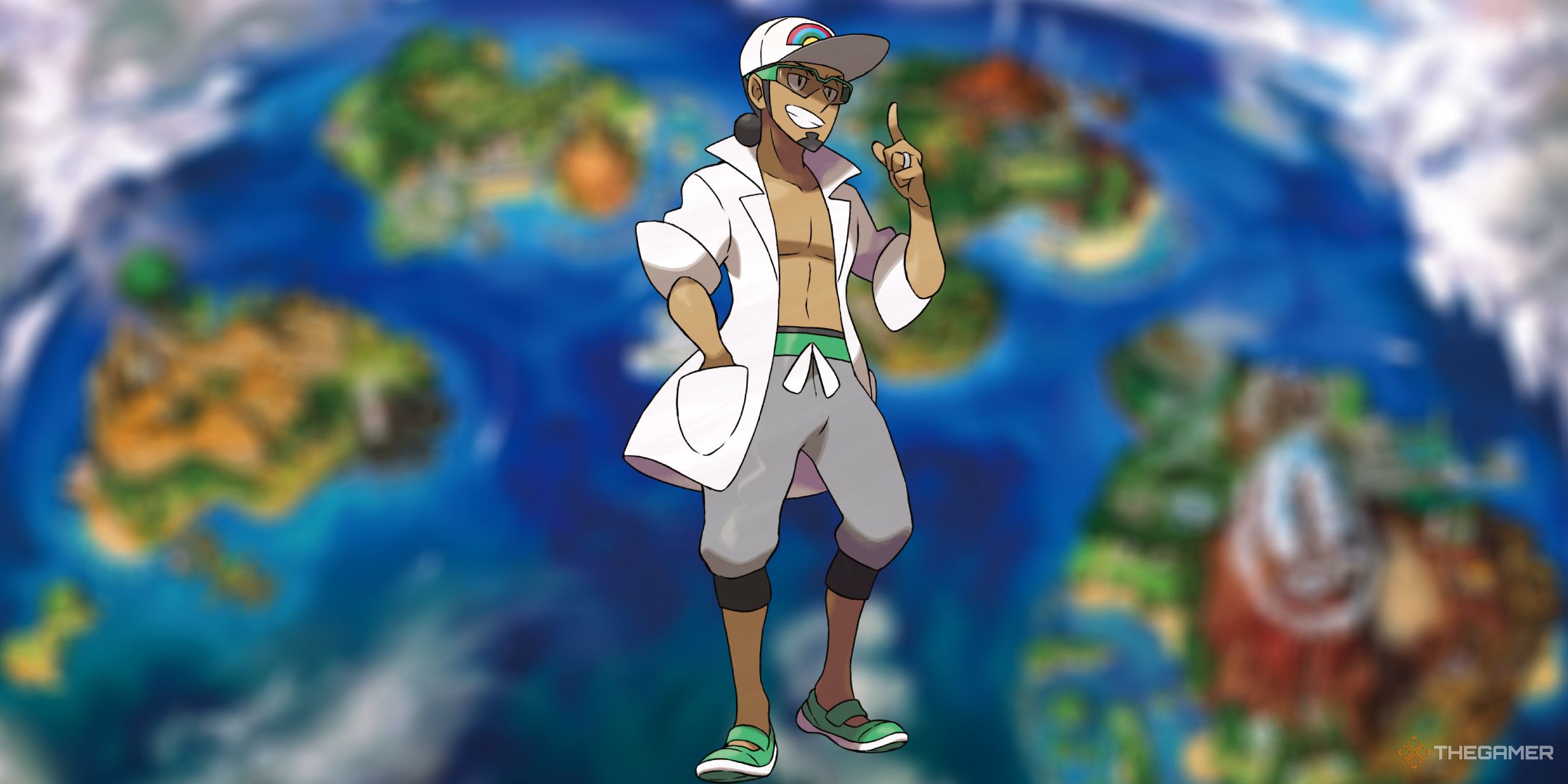 Professor Kukui in front of a blurred out map of Alola.