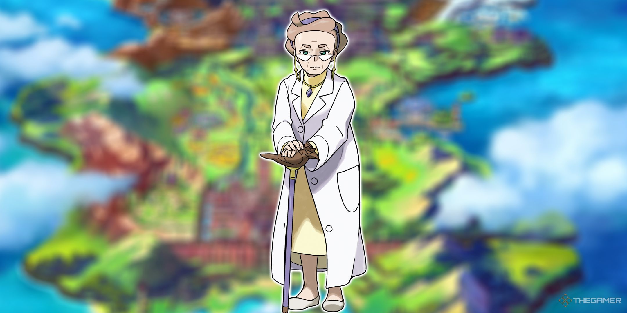 Professor Magnolia in front of a blurred out map of the Galar region.