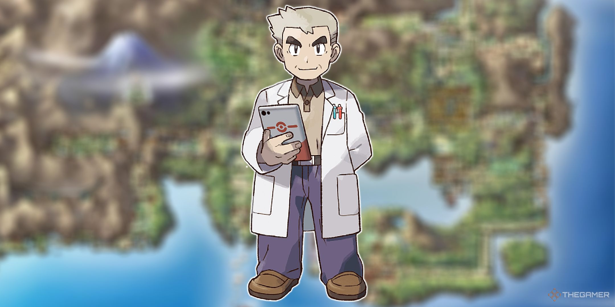 Professor Oak in front of a blurred our map of Kanto.