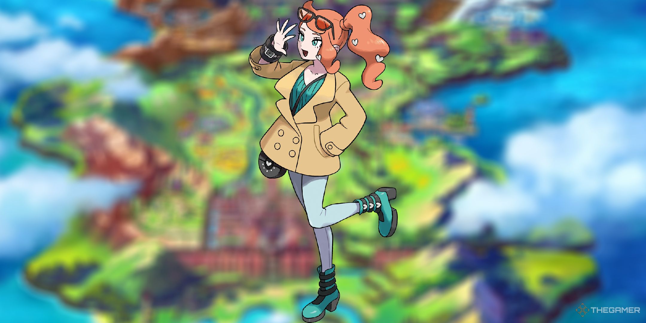 Professor Sonia in front of a blurred out map of the Galar region.