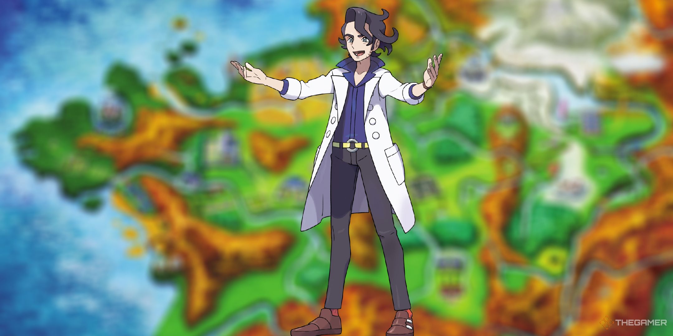 Professor Sycamore in front of a blurred out map of the Kalos region.