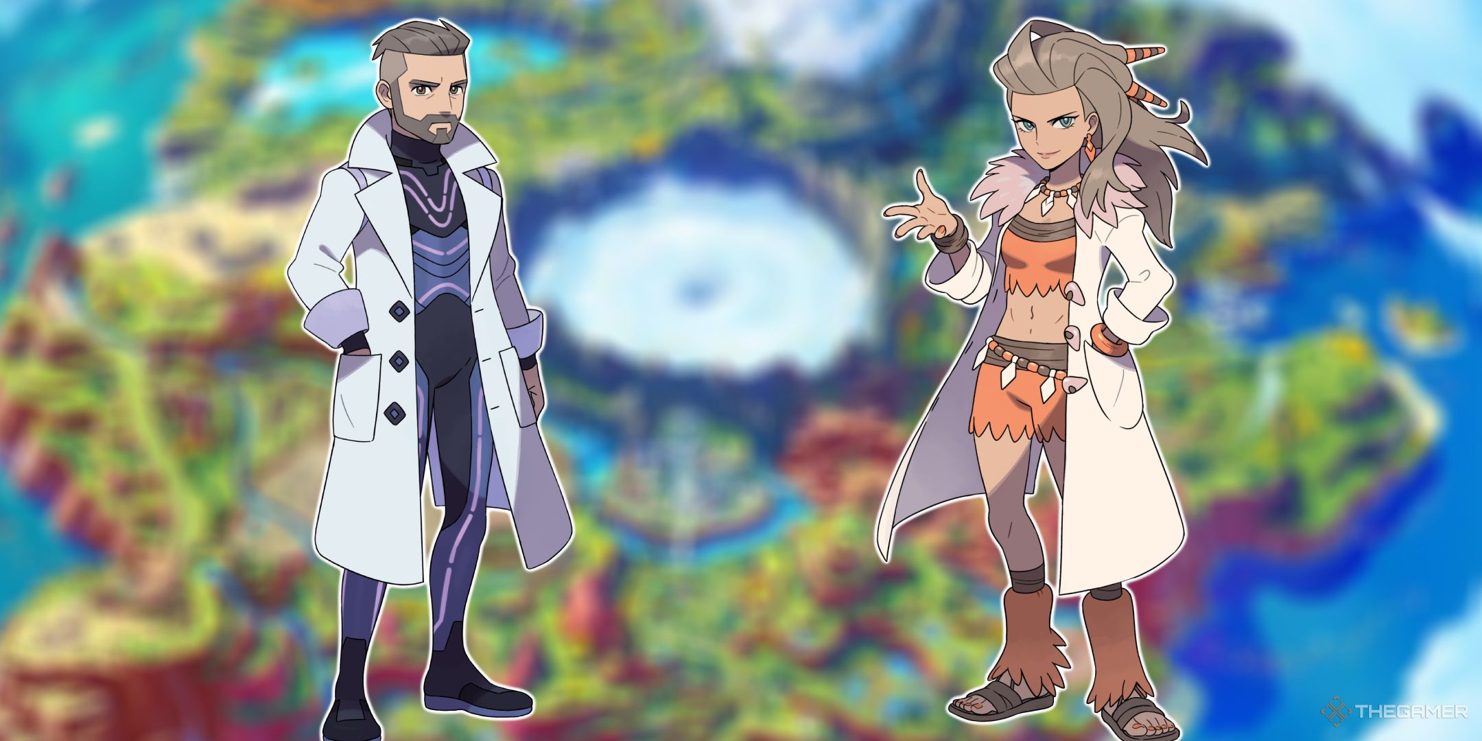 Professor Turo and Professor Sada in front of a blurred out map of the Paldea region.