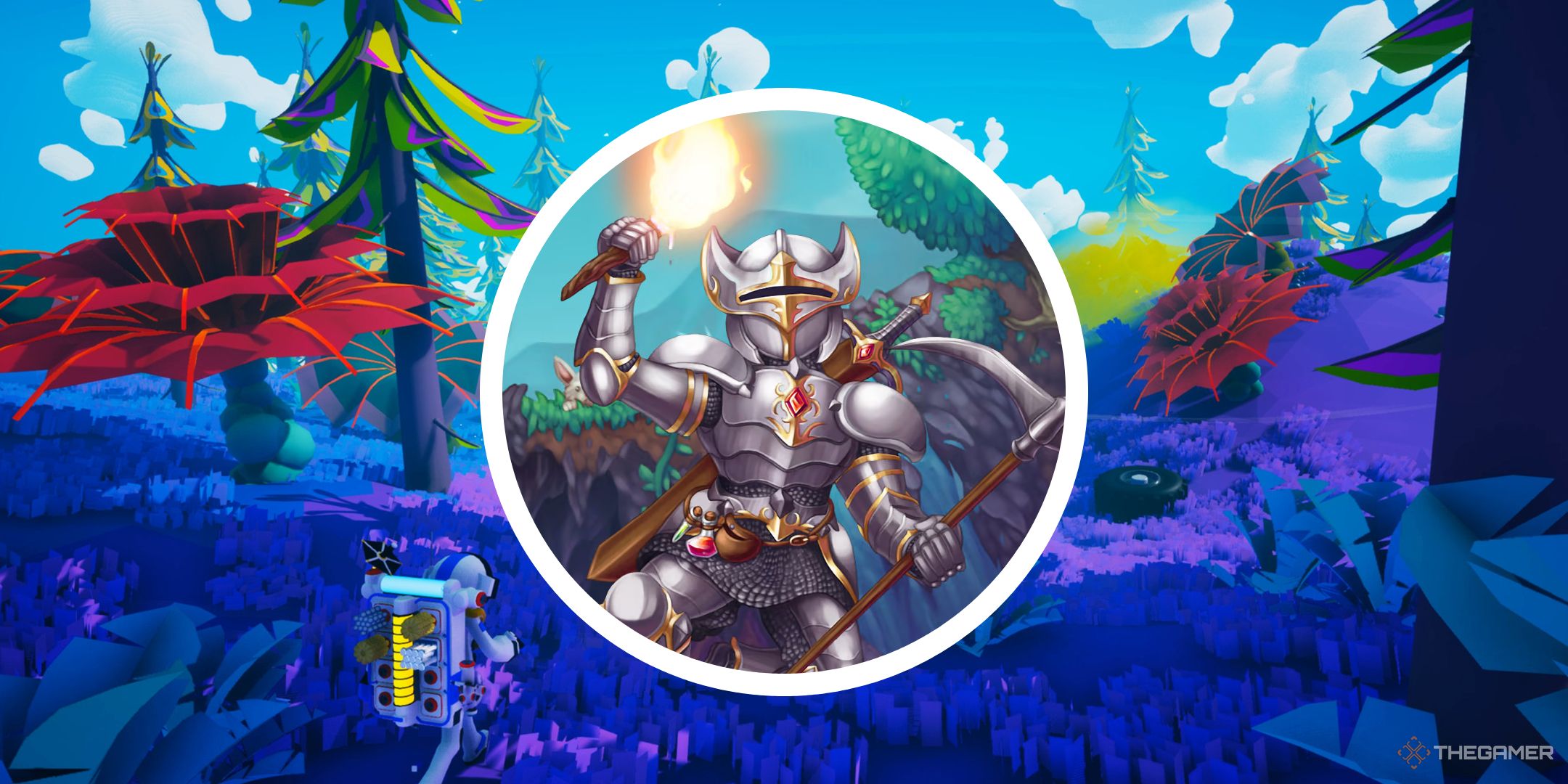Promotional art for Astroneer with a circle PNG showing art from Terraria.