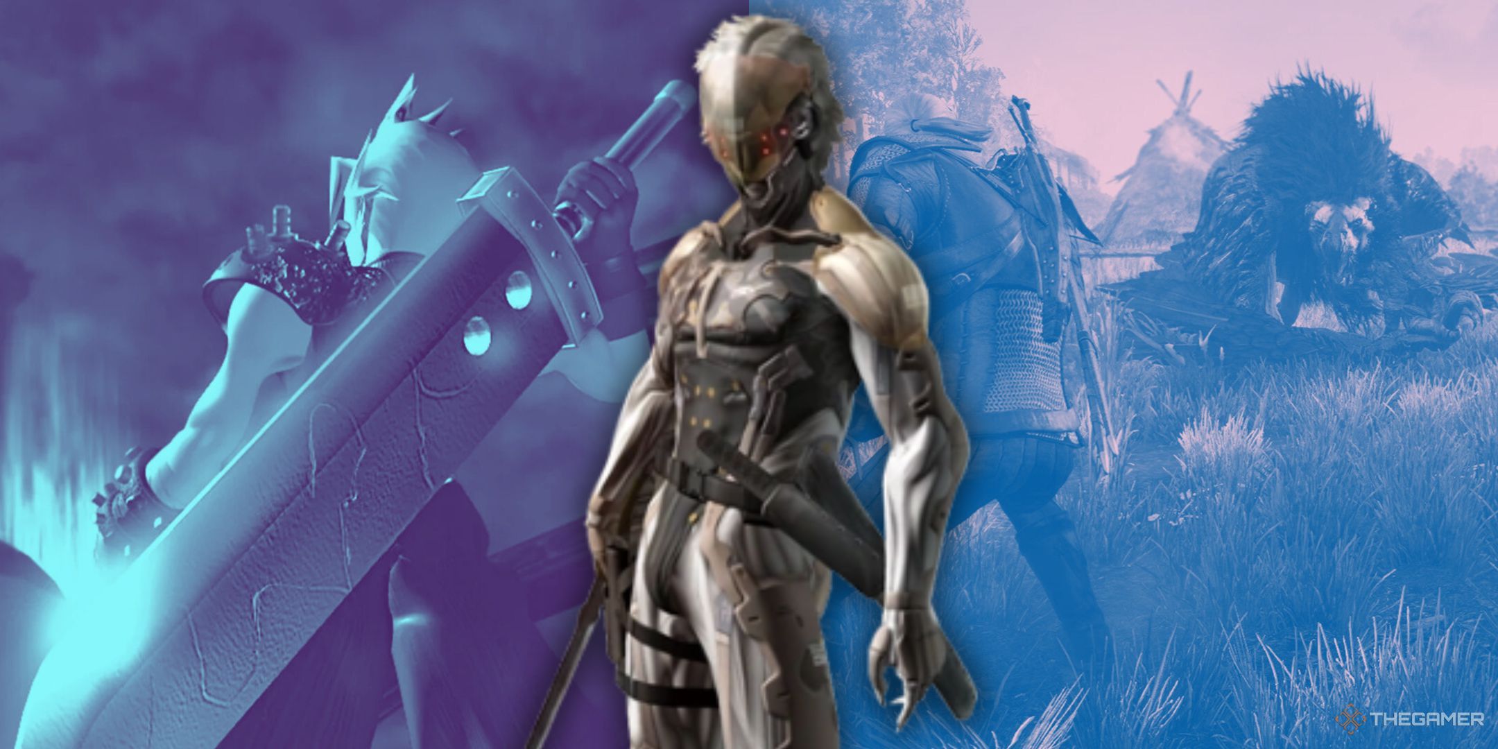 Raiden from Metal Gear Solid 4 in front of images from Final Fantasy 7 and The Witcher 3.