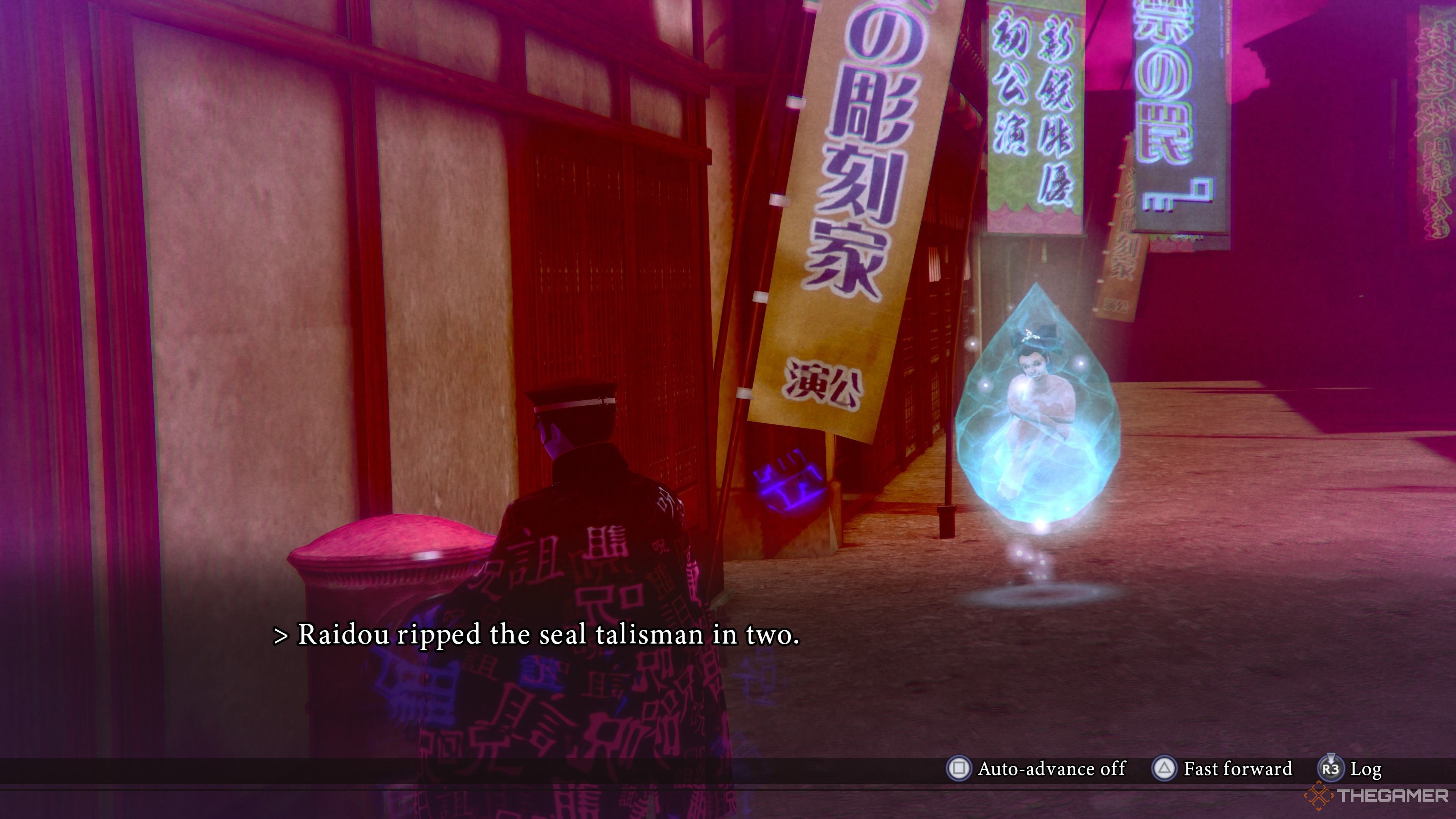 Raidou destroying the talisman in Dark Fukugawa-cho in Raidou Remastered The Mystery of the Soulless Army.