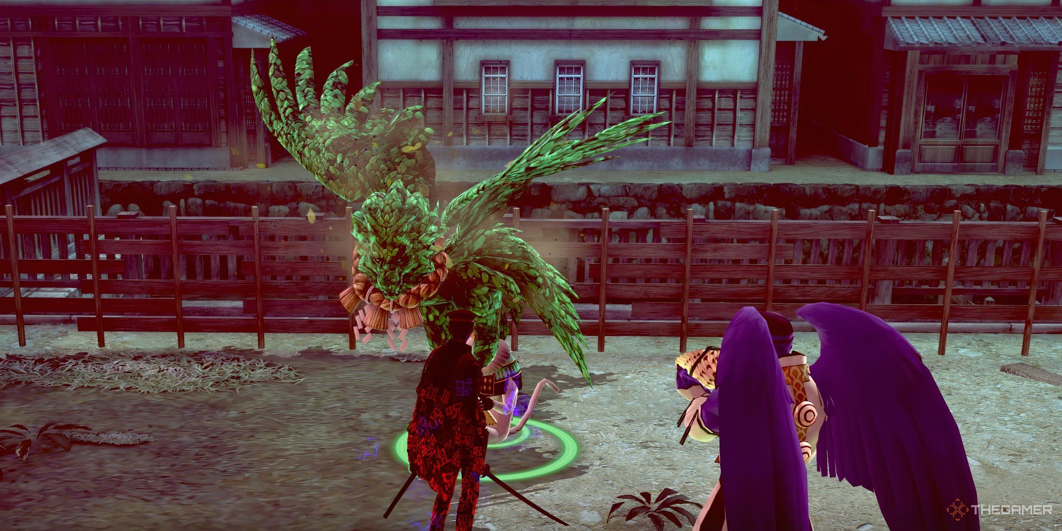 Raidou facing the bird form of Hitokotonushi in Raidou Remastered The Mystery of the Soulless Army.