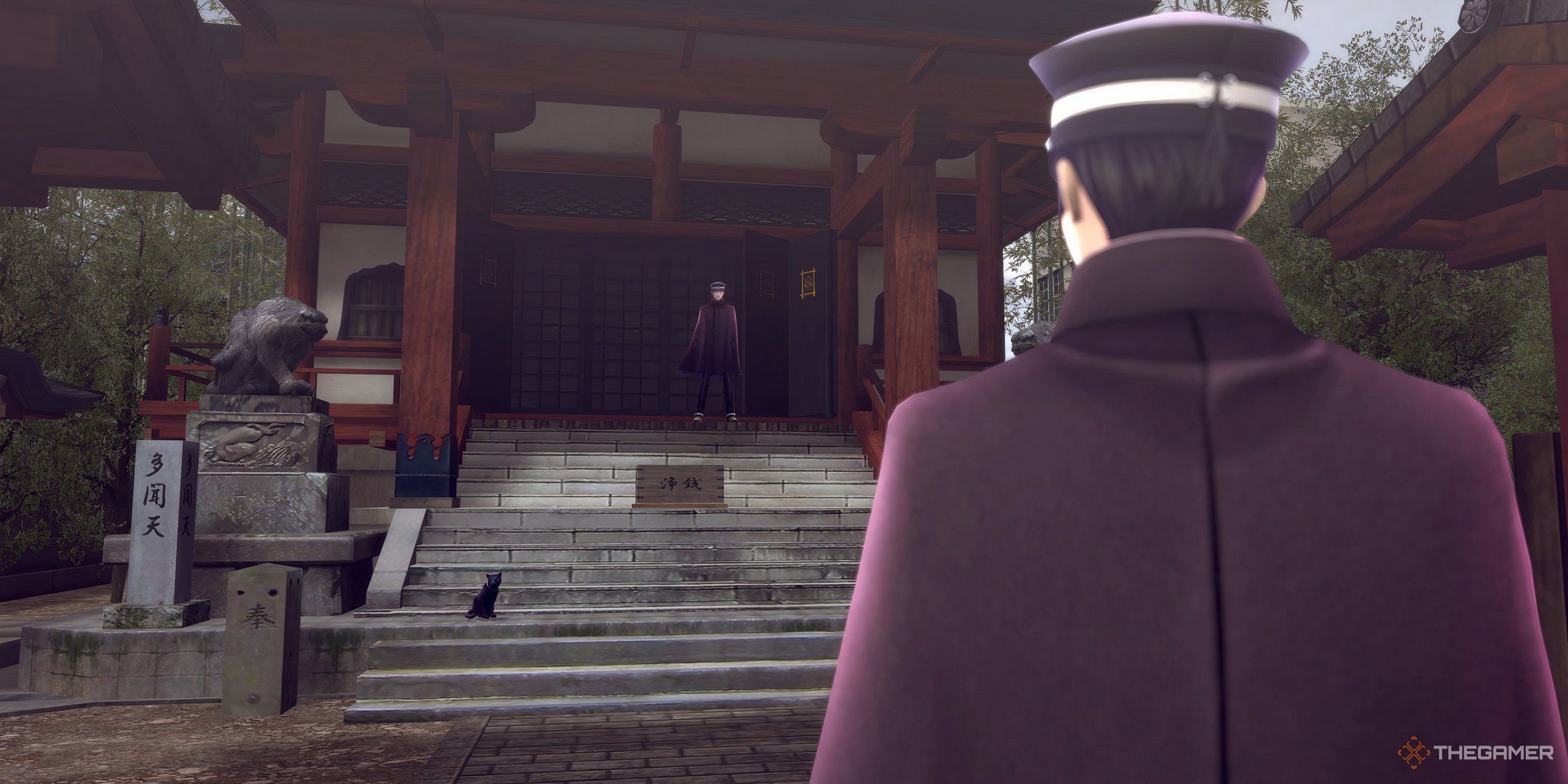 Raidou looking at Raido and Goto at Tamonten Shrine in Raidou Remastered.