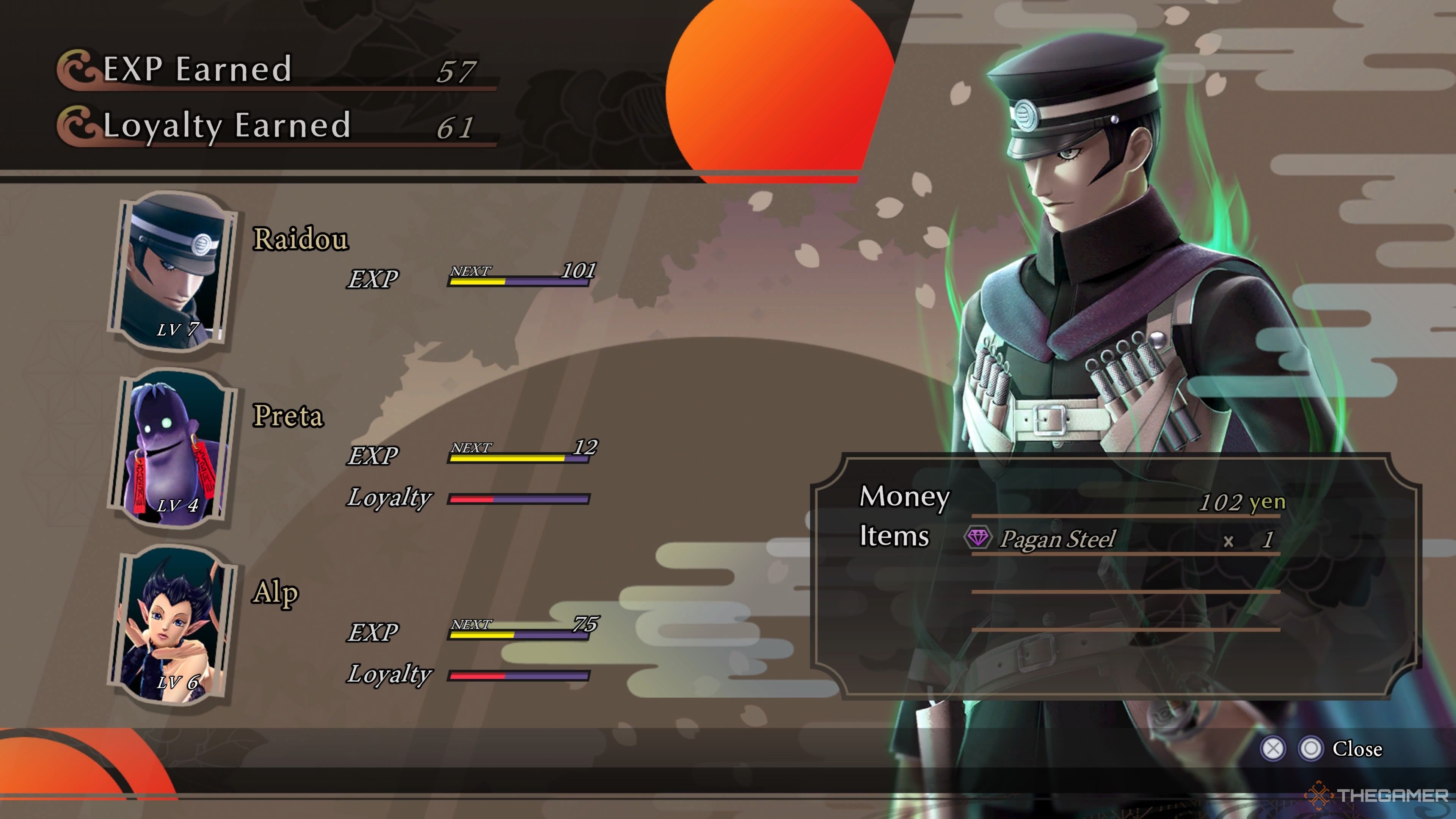 Raidou, Preta, and Alp on an end battle screen  in Raidou Remastered Mystery of the Soulless Army.