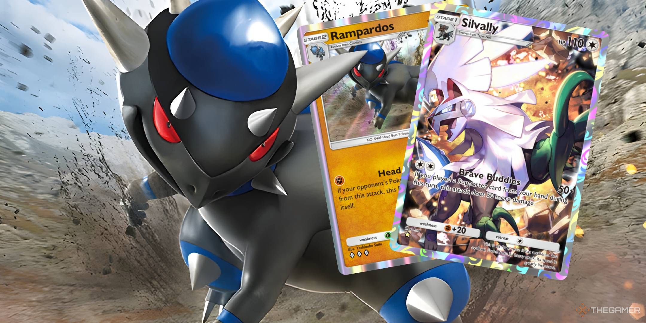 Rampardos fiercely guards the Rampardos and Silvally cards, from Pokemon TCG Pocket.
