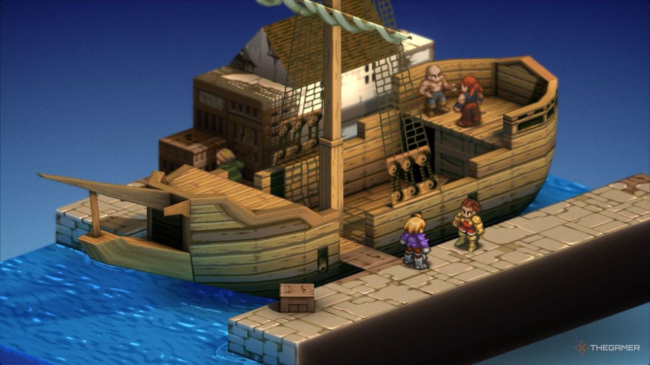 Ramza and Delita next to a boat on a dock in Final Fantasy Tactics Ivalice Chronicles.
