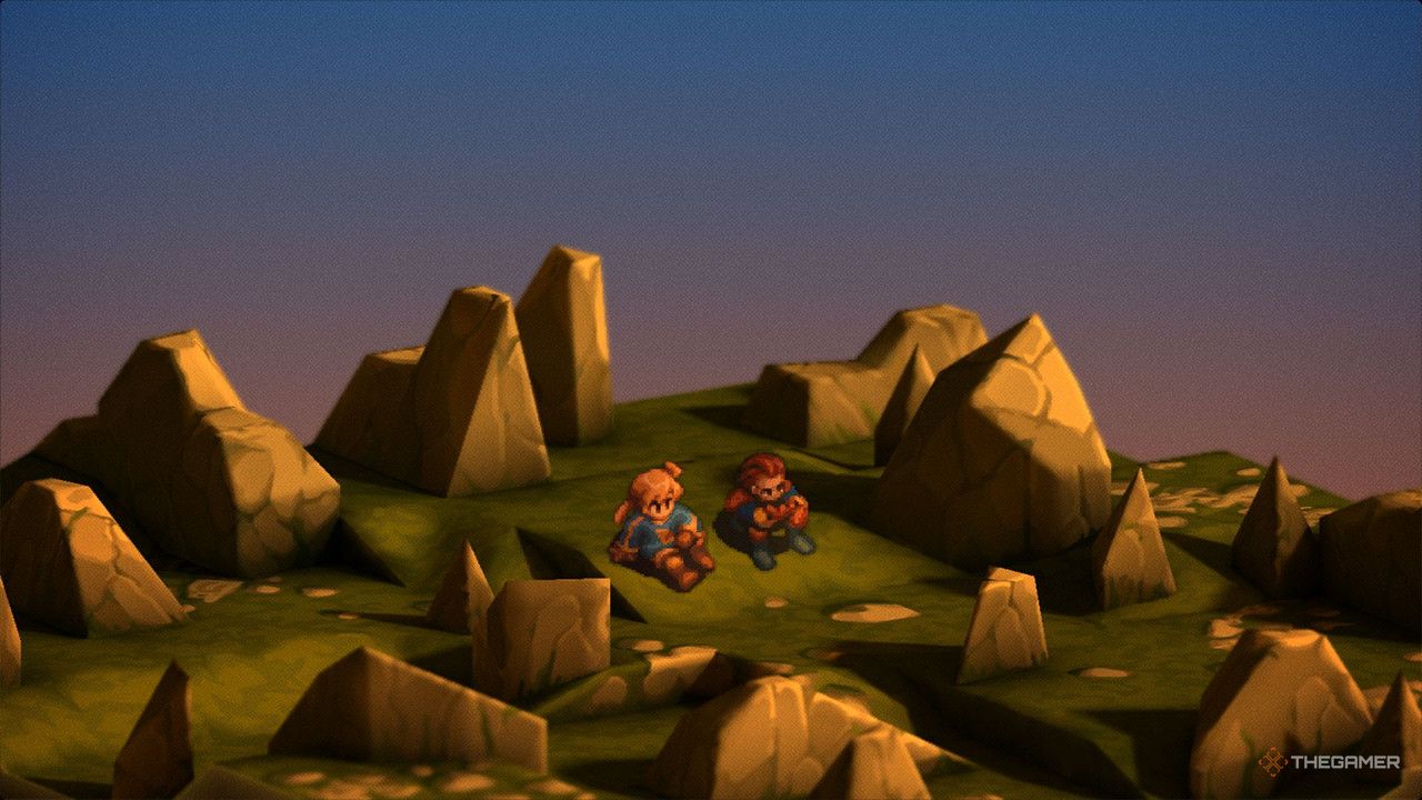 Ramza and Delita on Mandalia Plains at dusk in Final Fantasy Tactics Ivalice Chronicles.
