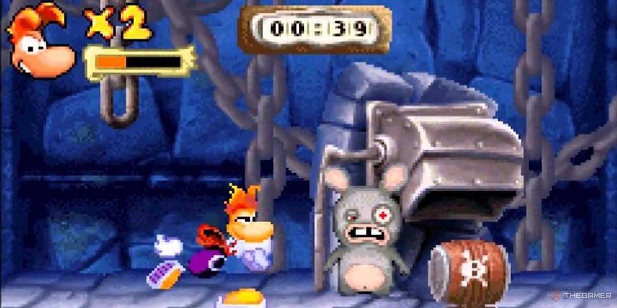 Rayman fighting a Rabbid in Rayman Raving Rabbids for the GBA.