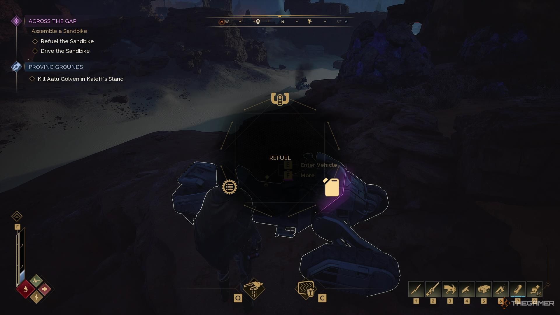 Refueling a sandbike in Dune Awakening.