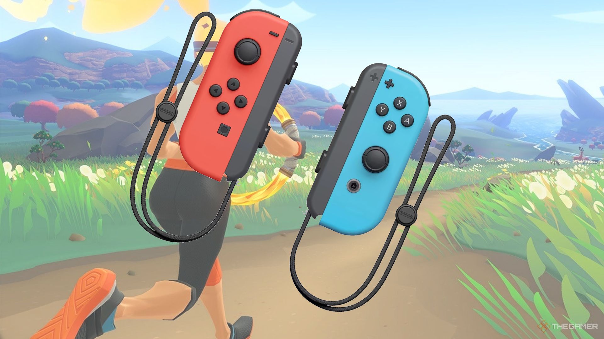 Ring Fit adventure background with joy cons over the top.