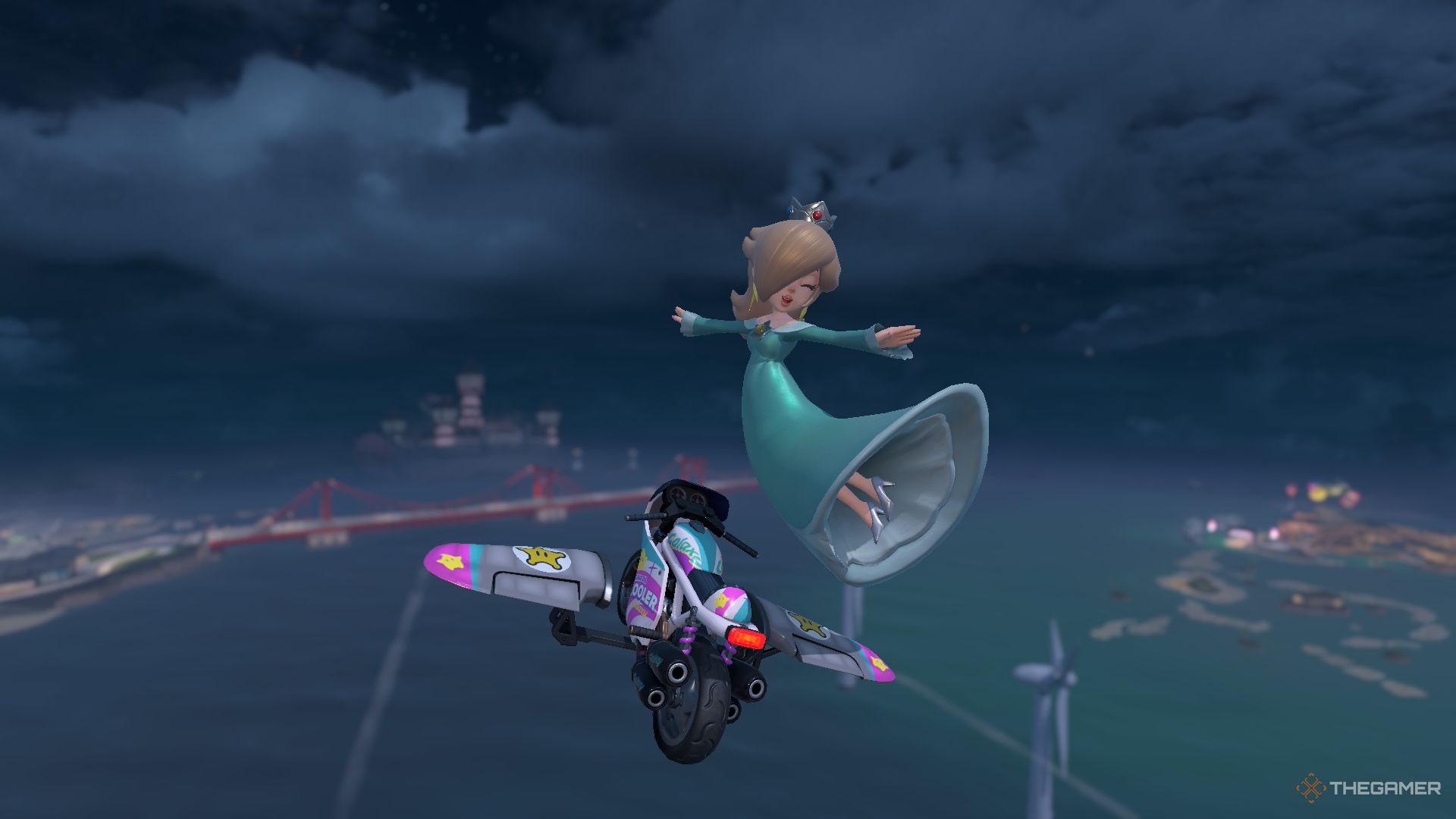 Rosalina flying over the ocean at night in Mario Kart World