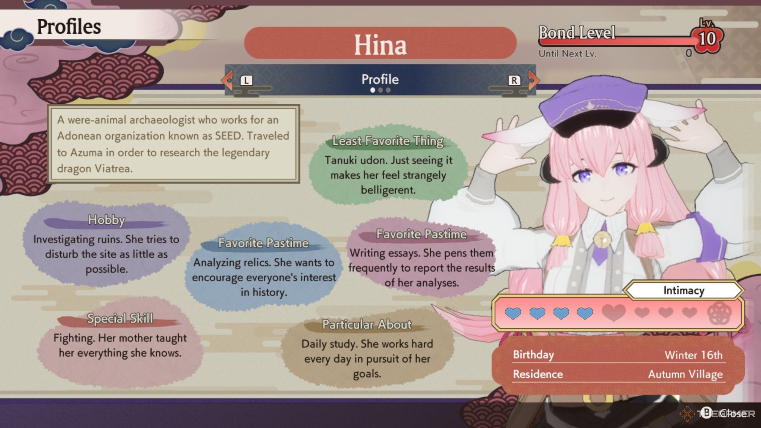 Rune Factory Guardians Of Azuma Hina overview screen with bond ten.