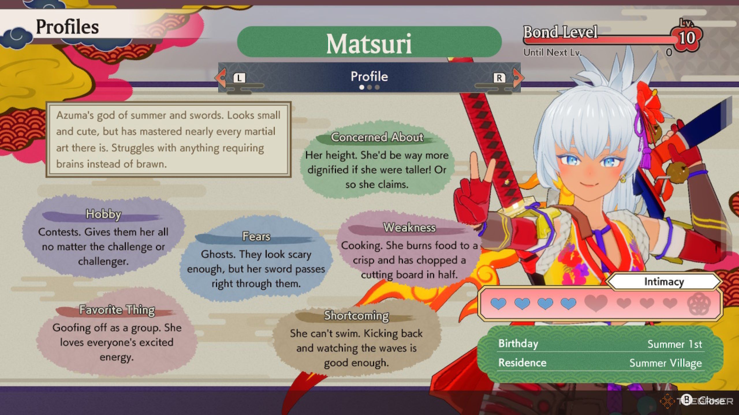 Rune Factory Guardians Of Azuma Matsuri bond 10 overview screen showing her information.