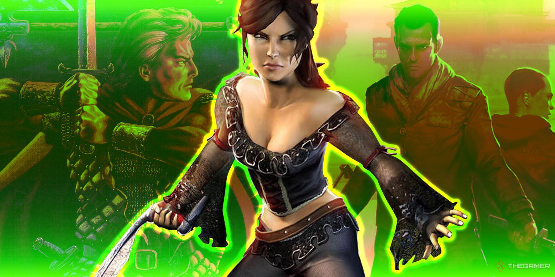 Scarlett from Venetica between Mars War Logs and Darklands game cover images.