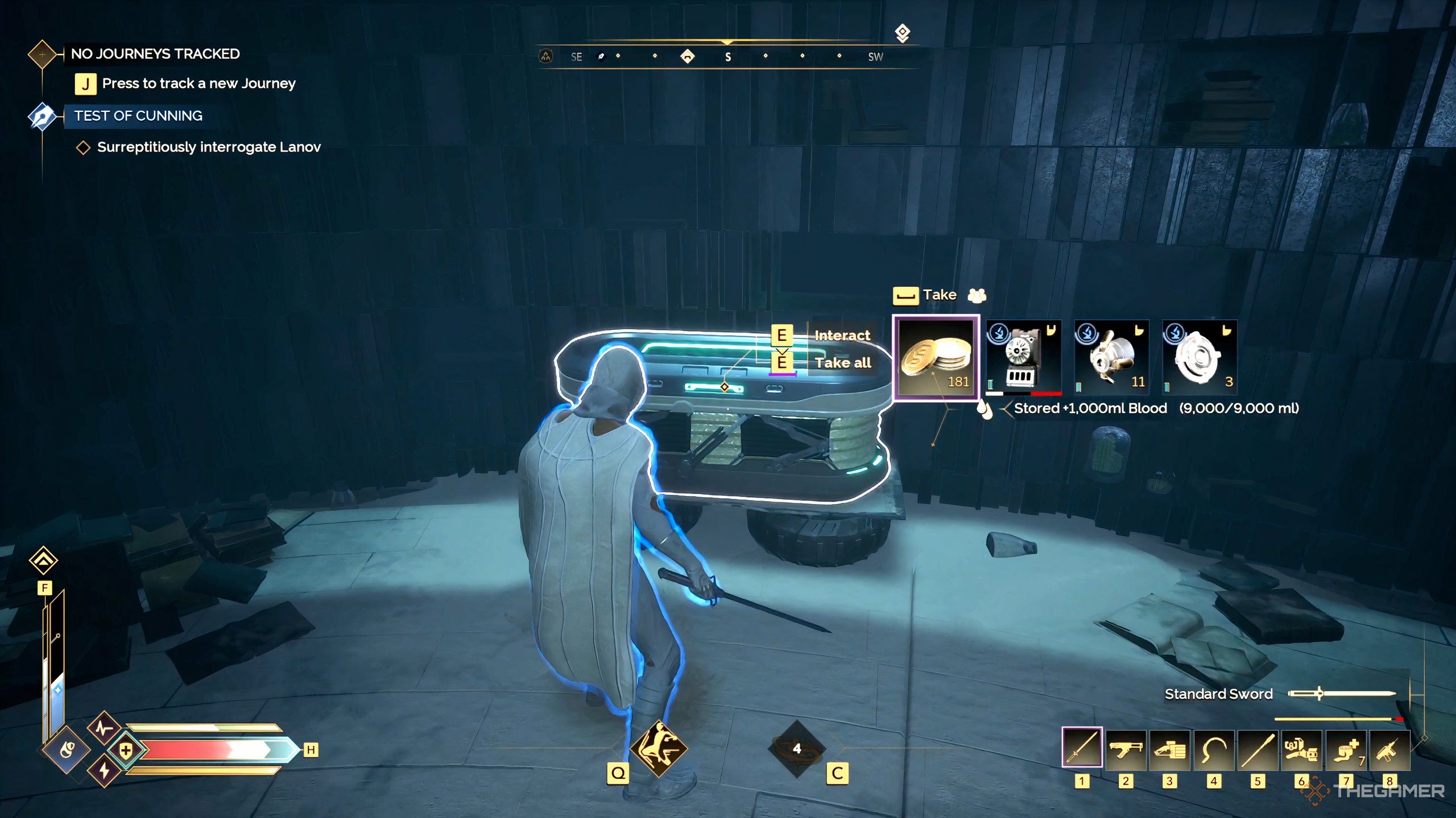 A player character in Dune: Awakening opens a chest in an Imperial Testing Station.