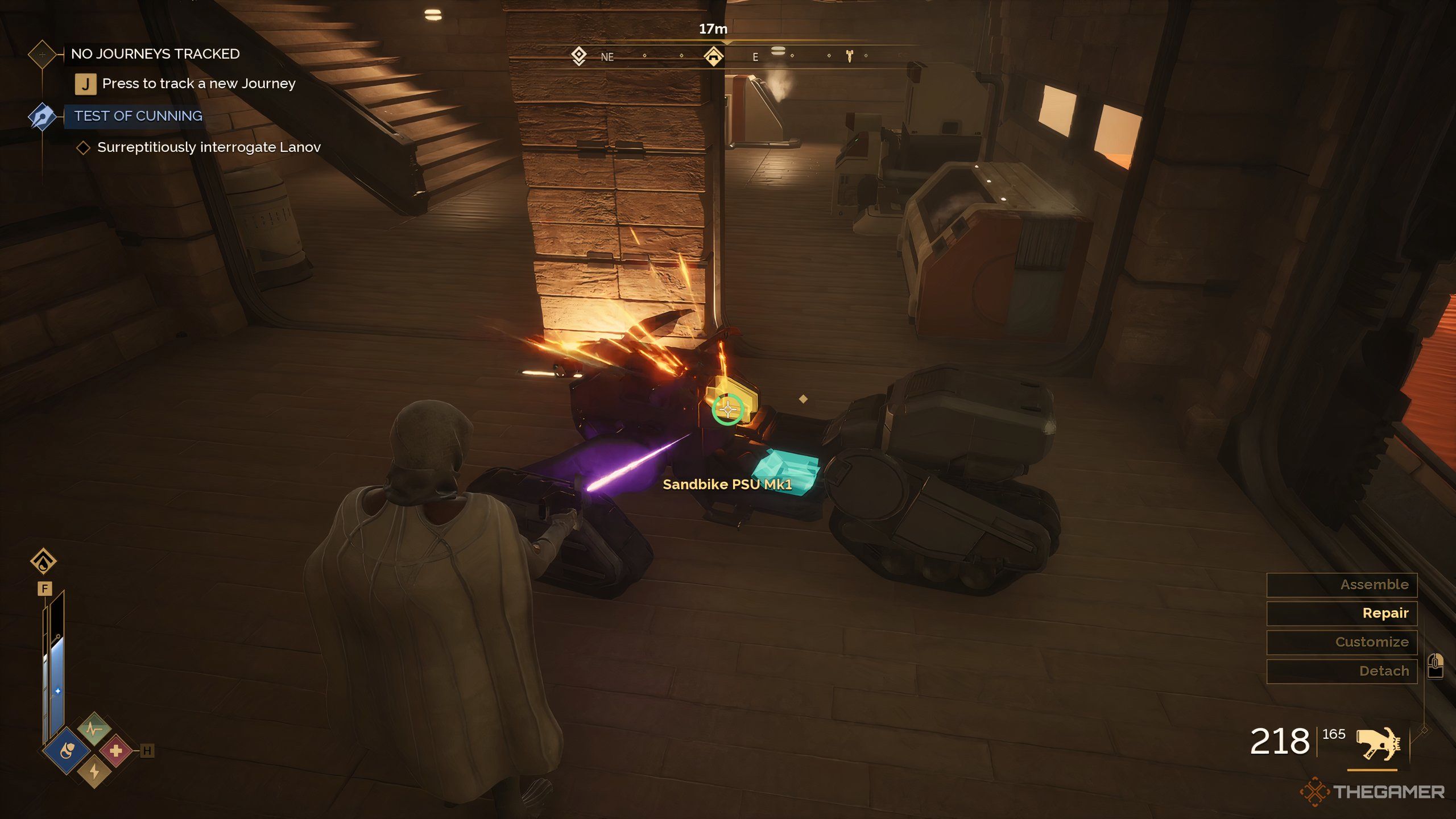 A player character in Dune: Awakening repairs their sandbike with a welder.