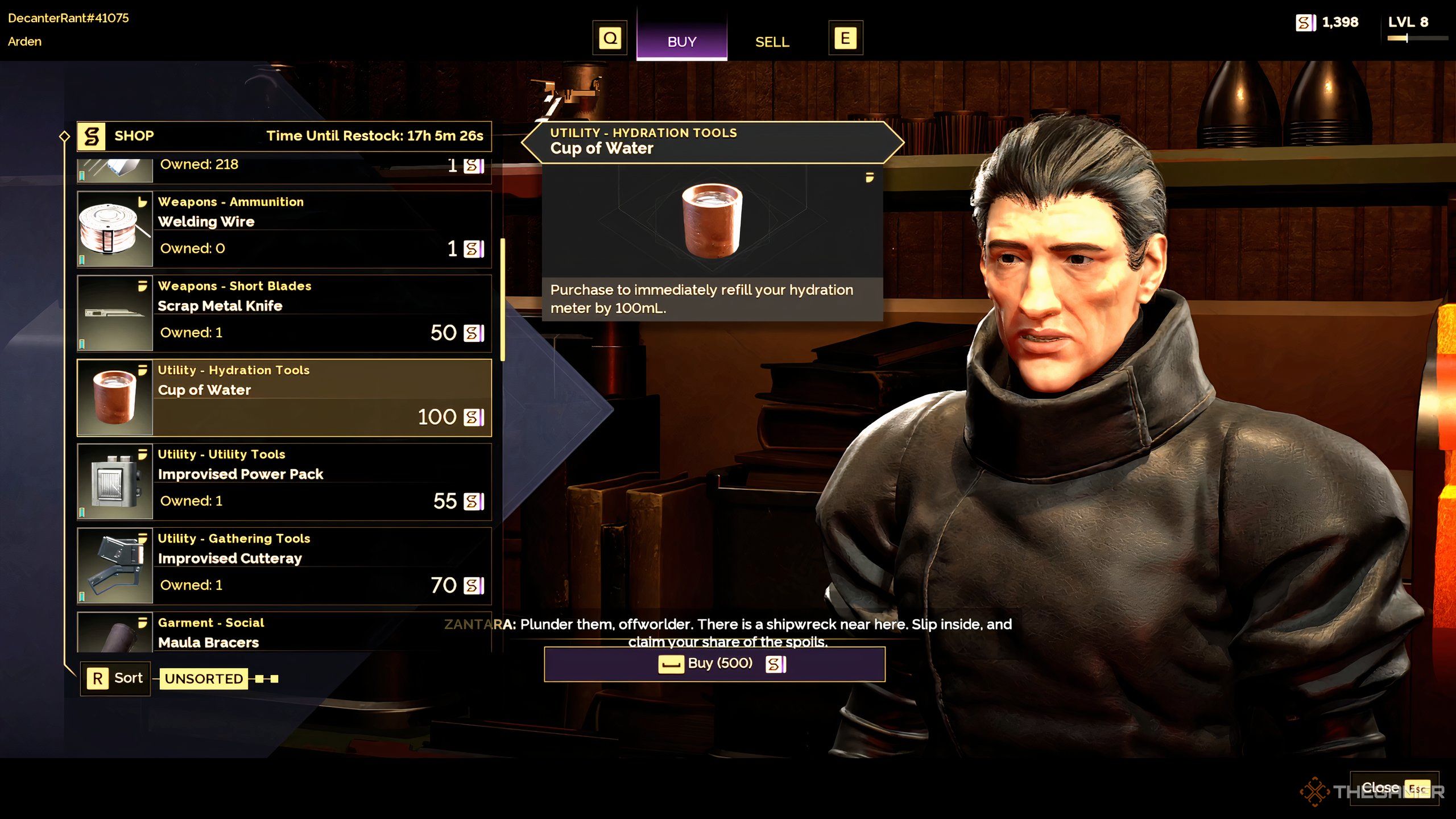A vendor in a tradepost selling water to a character in Dune: Awakening.