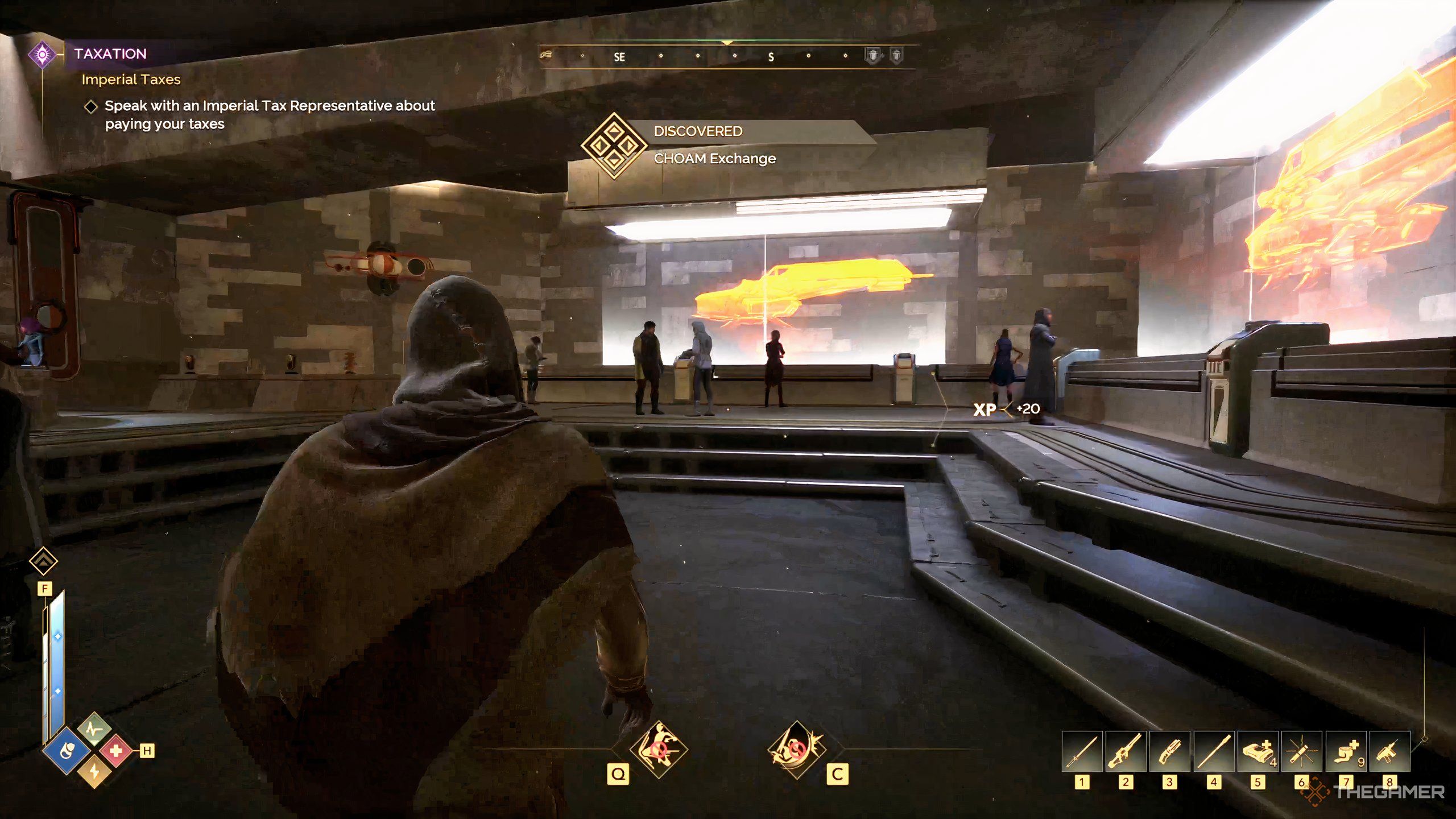 A player character enters the CHOAM exchange in Arrakeen in Dune: Awakening.