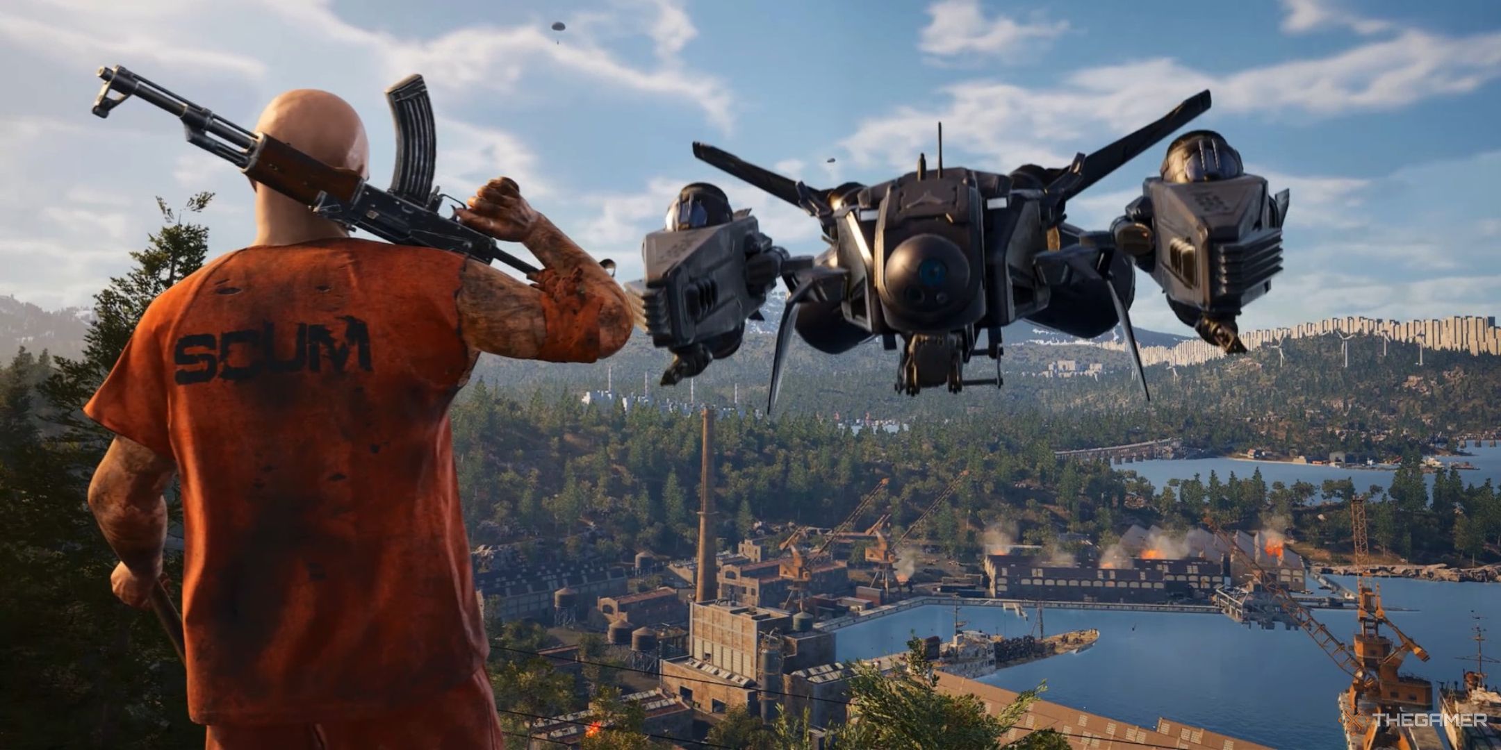 a prisoner comes face to face with a gunship in SCUM.