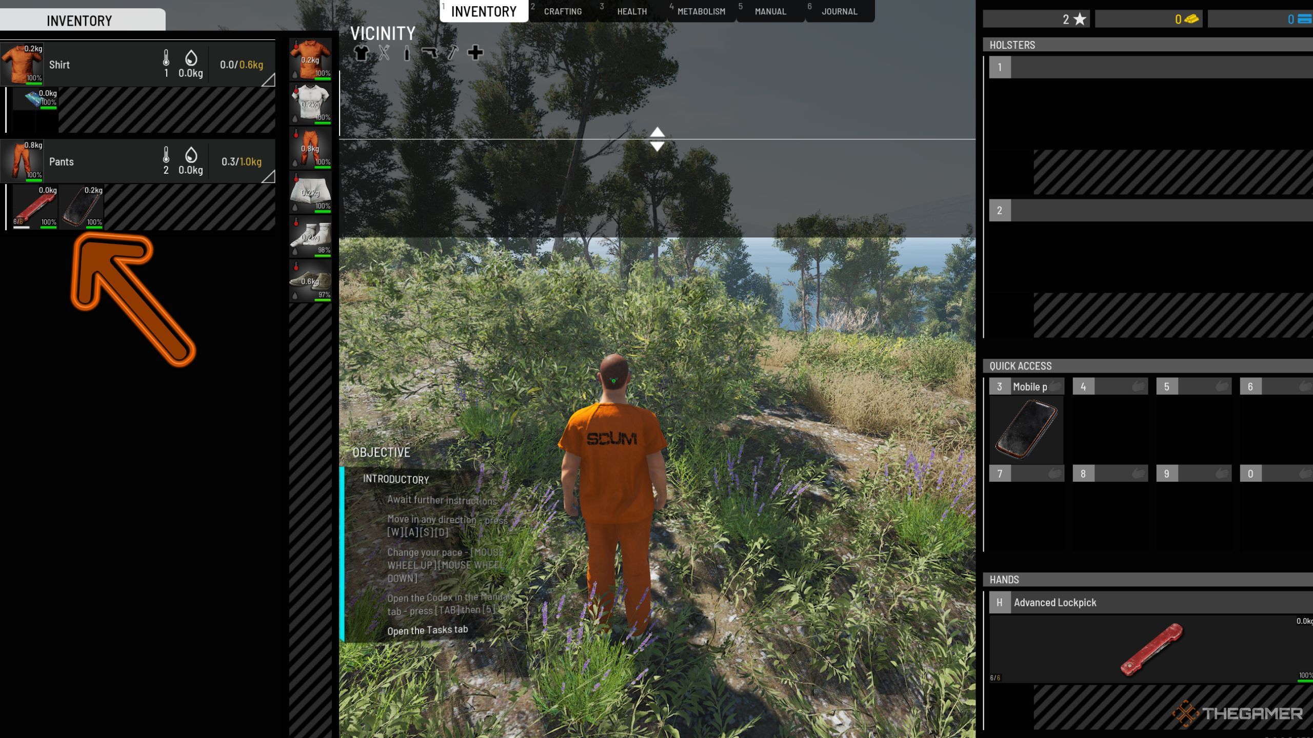 Scum showing phone and advanced lockpick in inventory.
