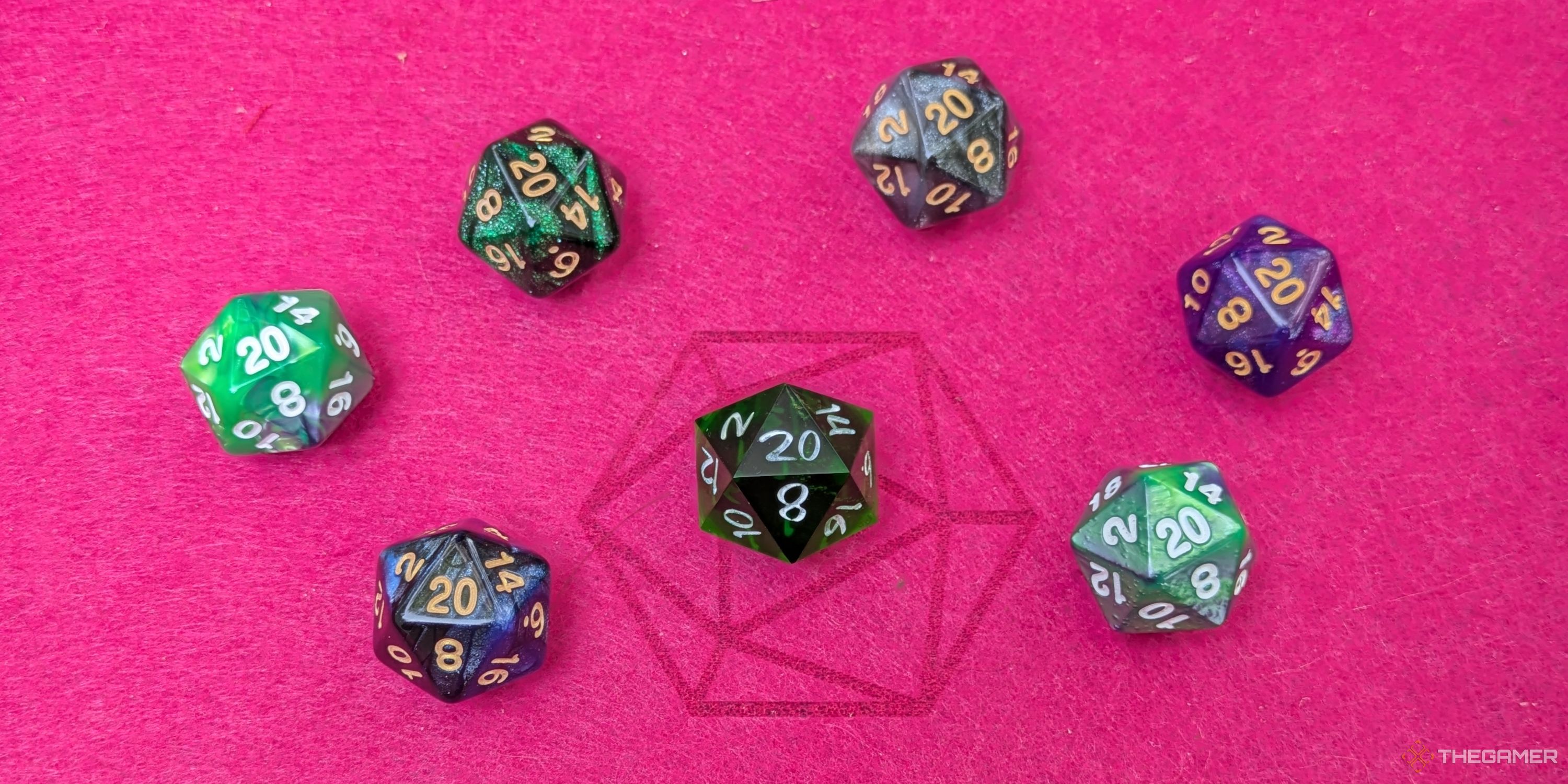 Seven D20 on a red felt mat, all showing a 20.
