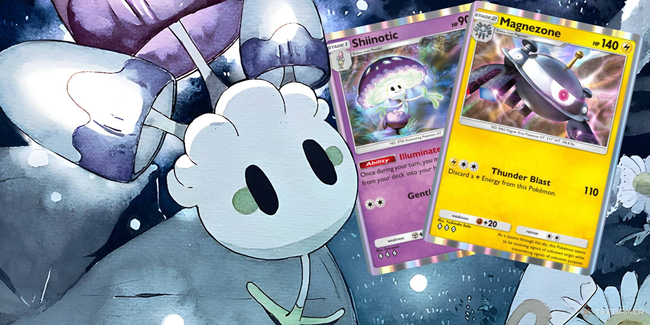 Morelull looks over the Pokemon TCG Pocket Shiinotic and Magnezone cards.