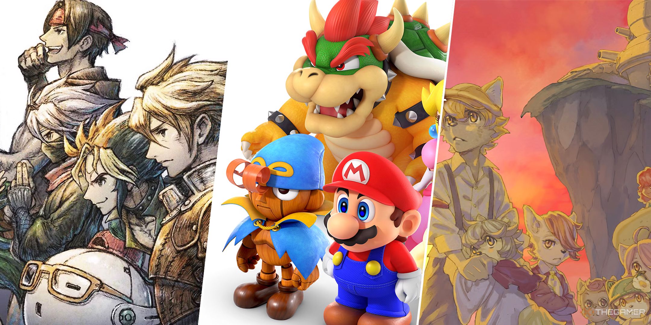 A split image featuring Live A Live, Super Mario RPG, and Fuga: Melodies of Steel.