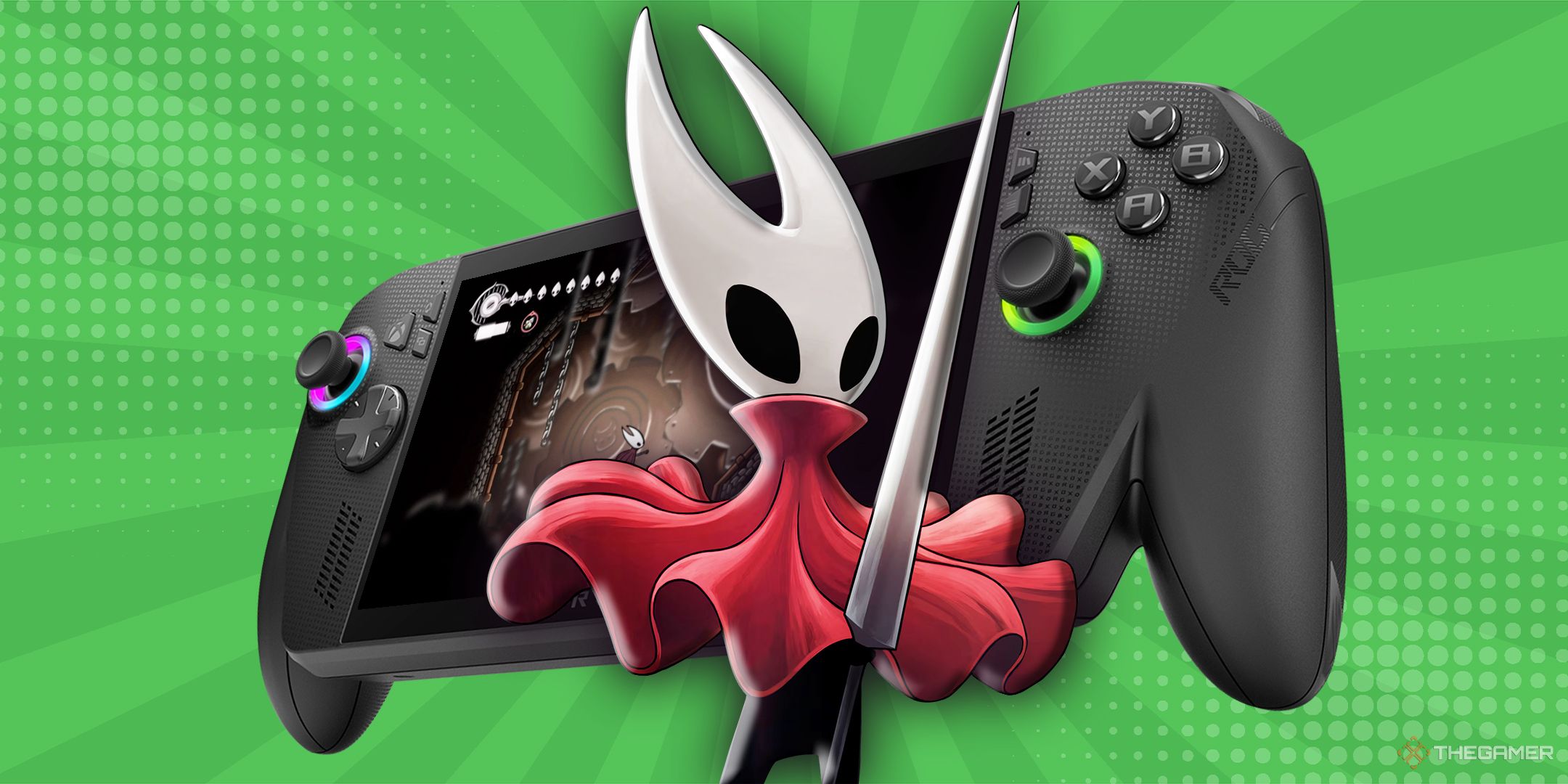 Silksong character in front of an XBOX ROG Ally handheld.