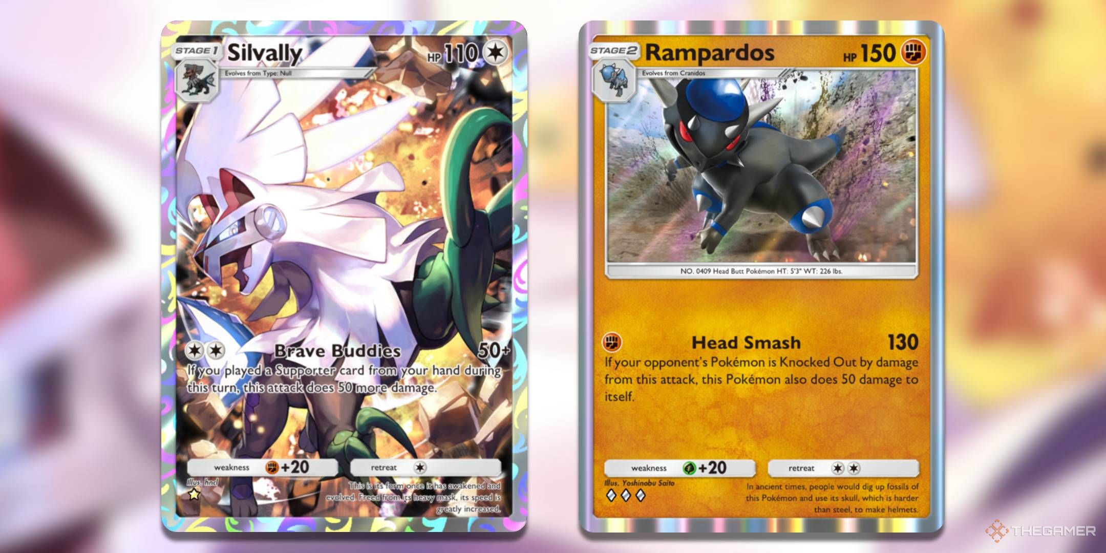 The Silvally Illustration Rare from Pokemon TCG Pocket's Extradimensional Crisis and Rampardos, from Space-Time Smackdown.