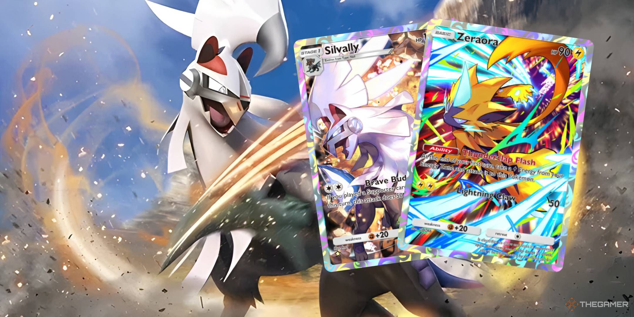 Silvally lashes out at the Illustration Rare Silvally card and the promotional Zeraora card, from Pokemon TCG Pocket.