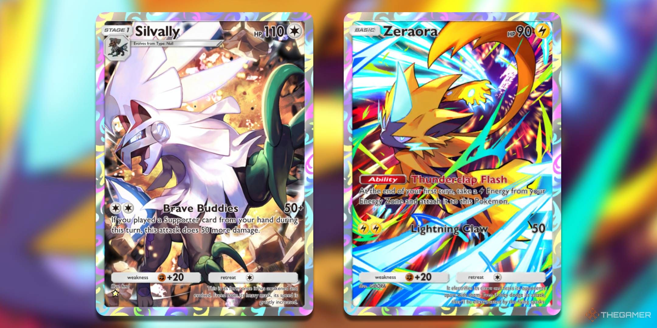 The Silvally Illustration Rare from Extradimensional Crisis and the Zeraora promo from Pokemon TCG Pocket.