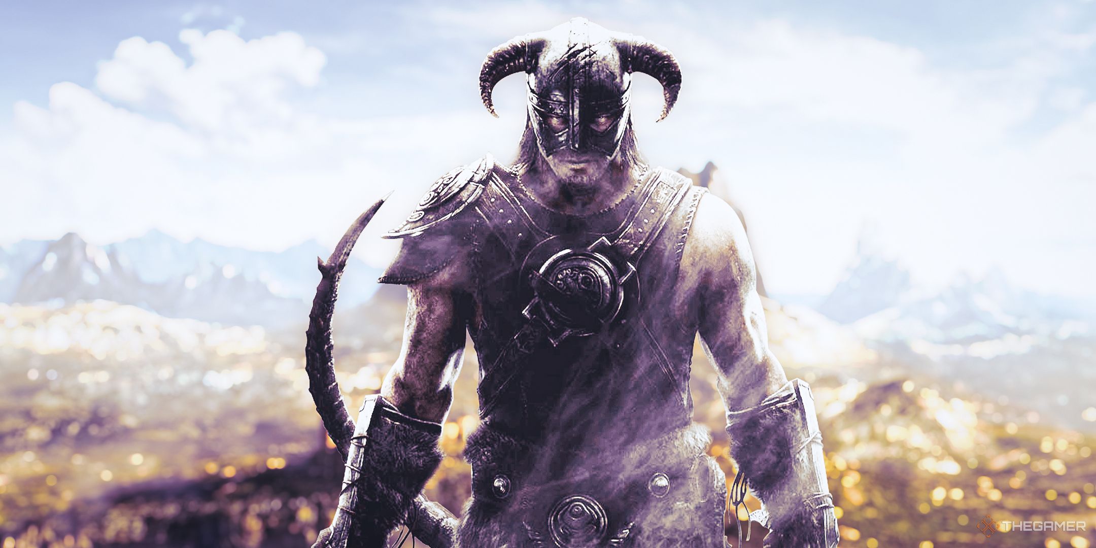 Skyrim Dragonborn standing over The Elder Scrolls 6 teaser shot of a mountainrange.