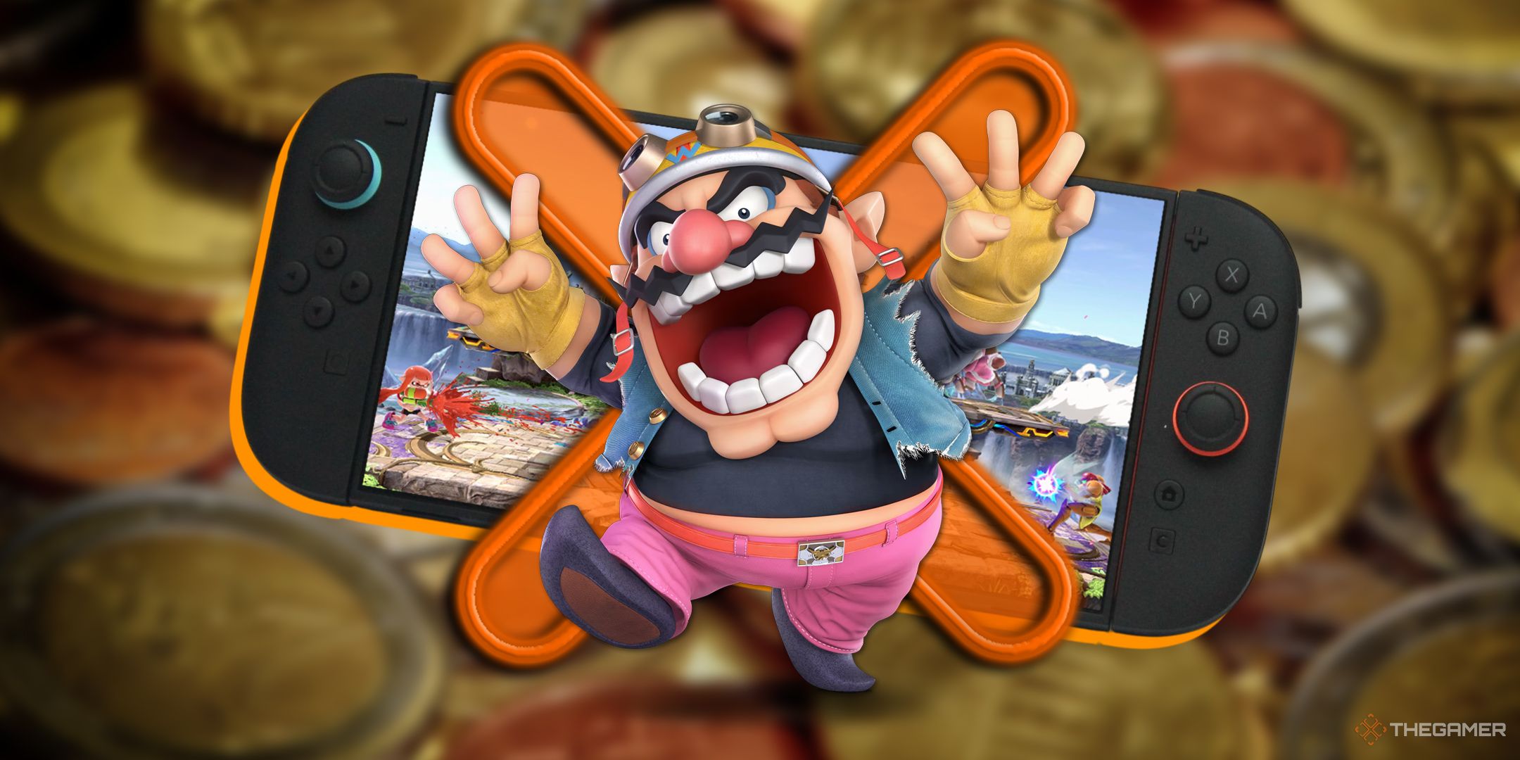Wario stood in front of a Switch 2 playing Smash Bros Ultimate.