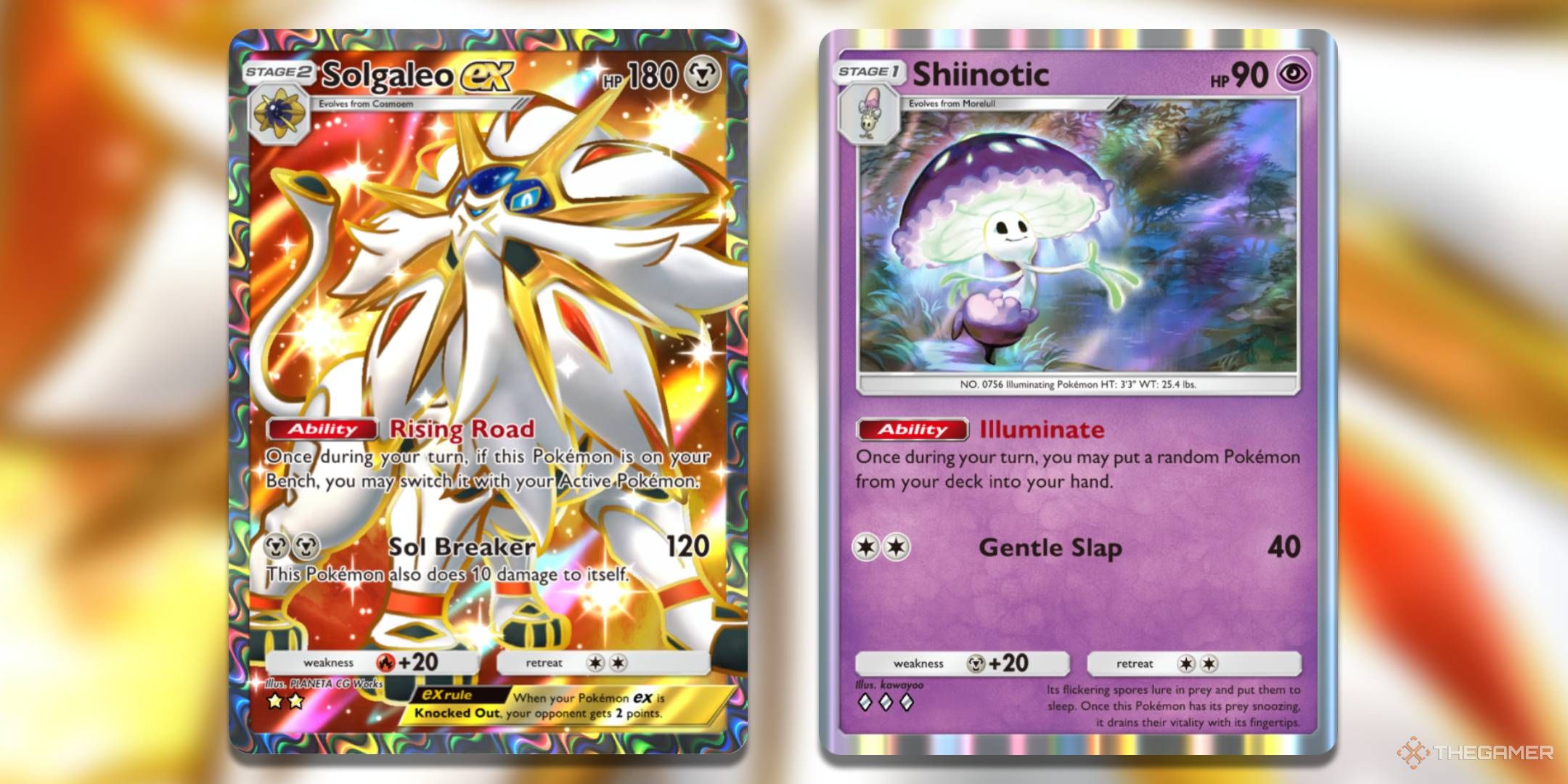The Shiinotic card from Pokemon TCG Pocket's Extradimensional Crisis and the Super Rare Solgaleo ex from Celestial Guardians.