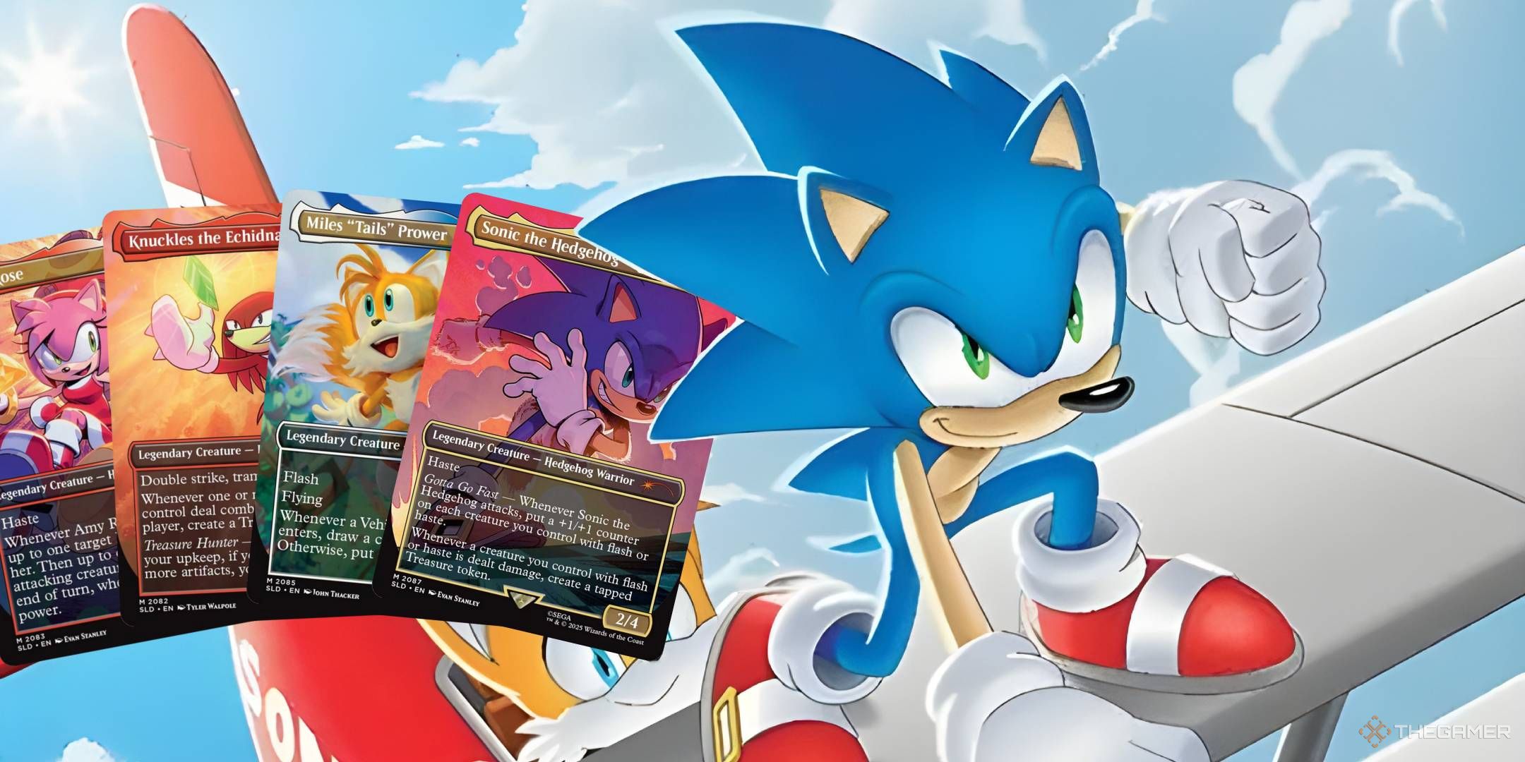 Sonic rides the wing of his biplane, Tornado, piloted by Tails. Behind him are the Sonic the Hedgehog, Miles 