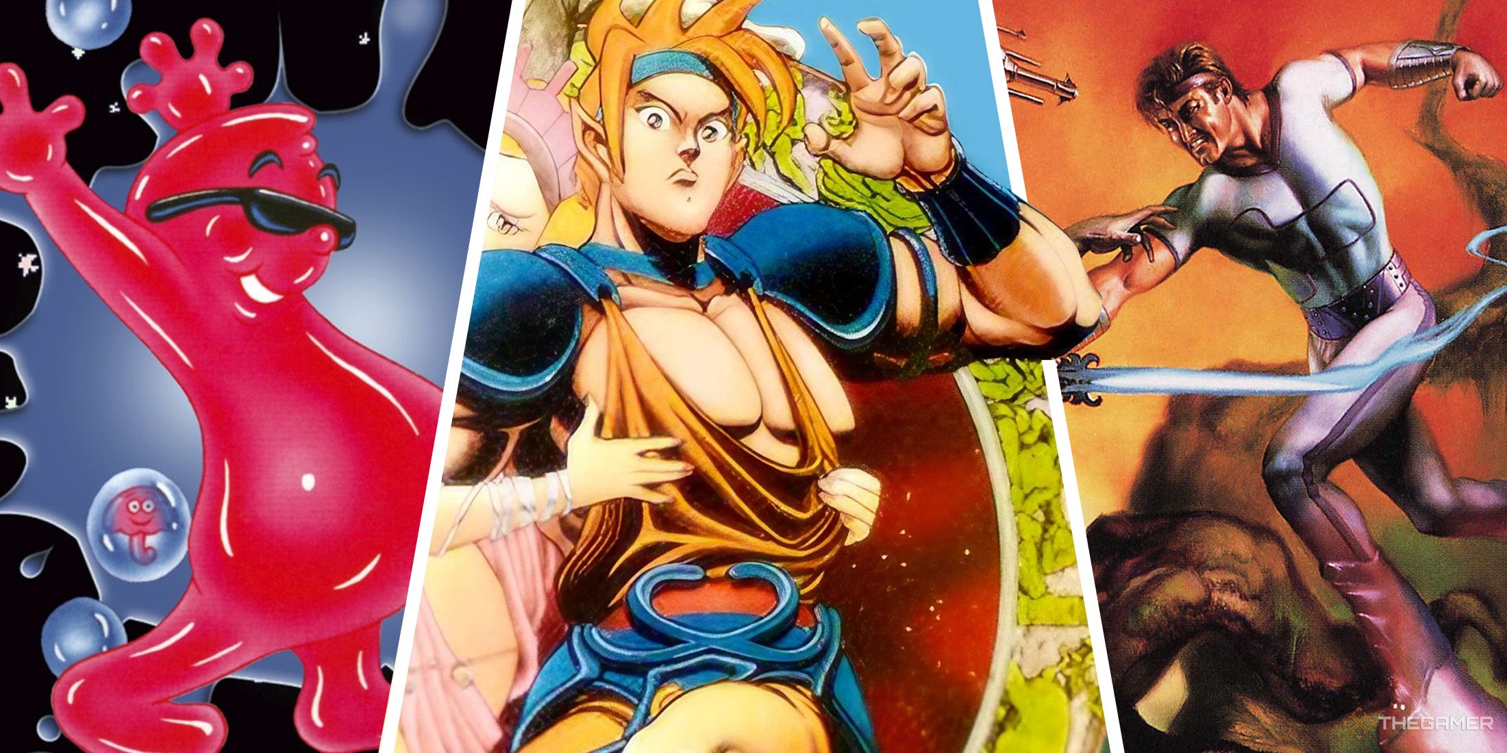 Split image of screenshots from cover images featuring, Skyblazer, Jelly Boy and Run Saber.