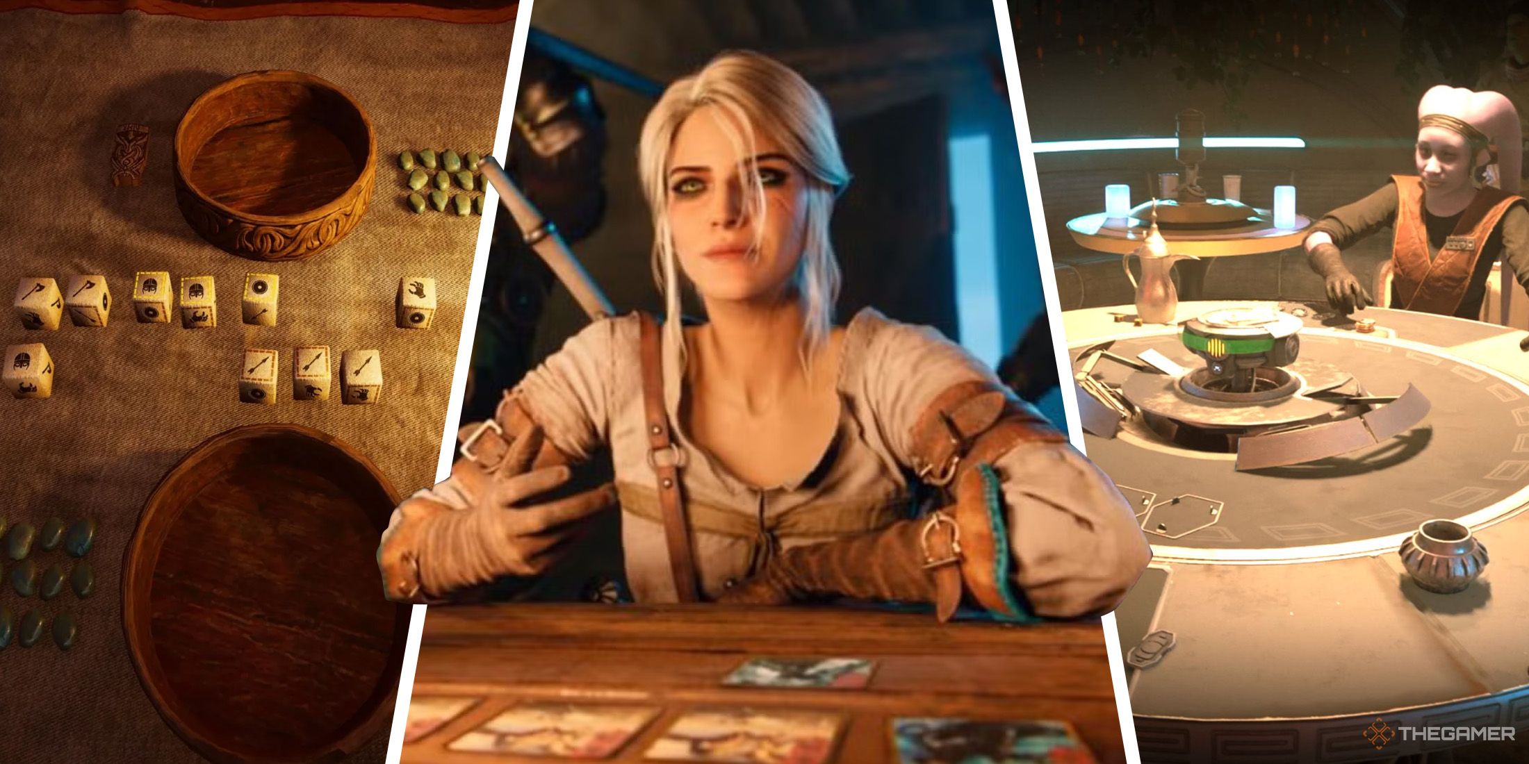 Split image of some minigame screenshots features Gwent, Orlog and Sabacc.