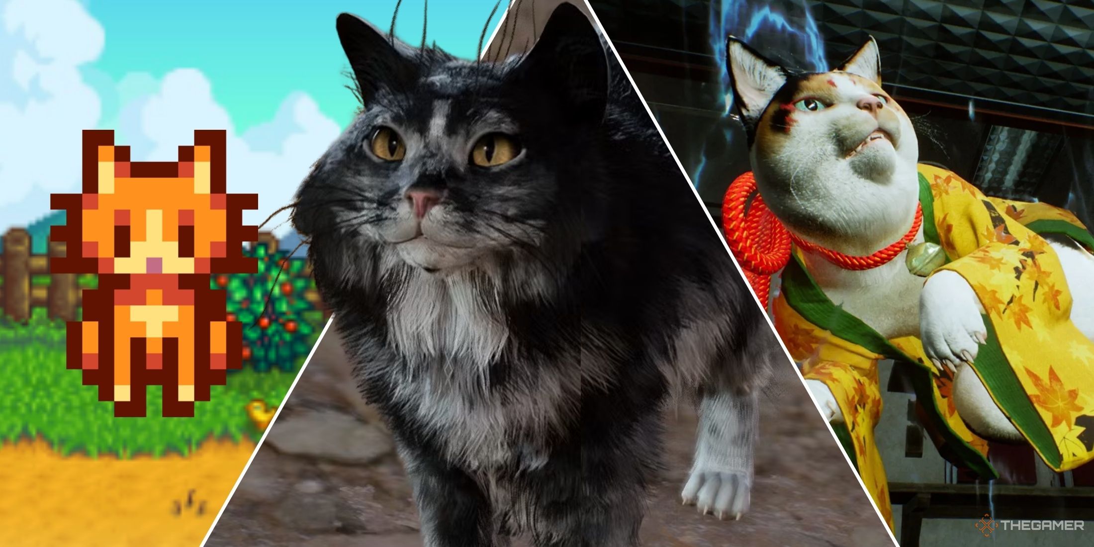 Split image of three cats Stardew Valley, BG3, and Ghostwire Tokyo.