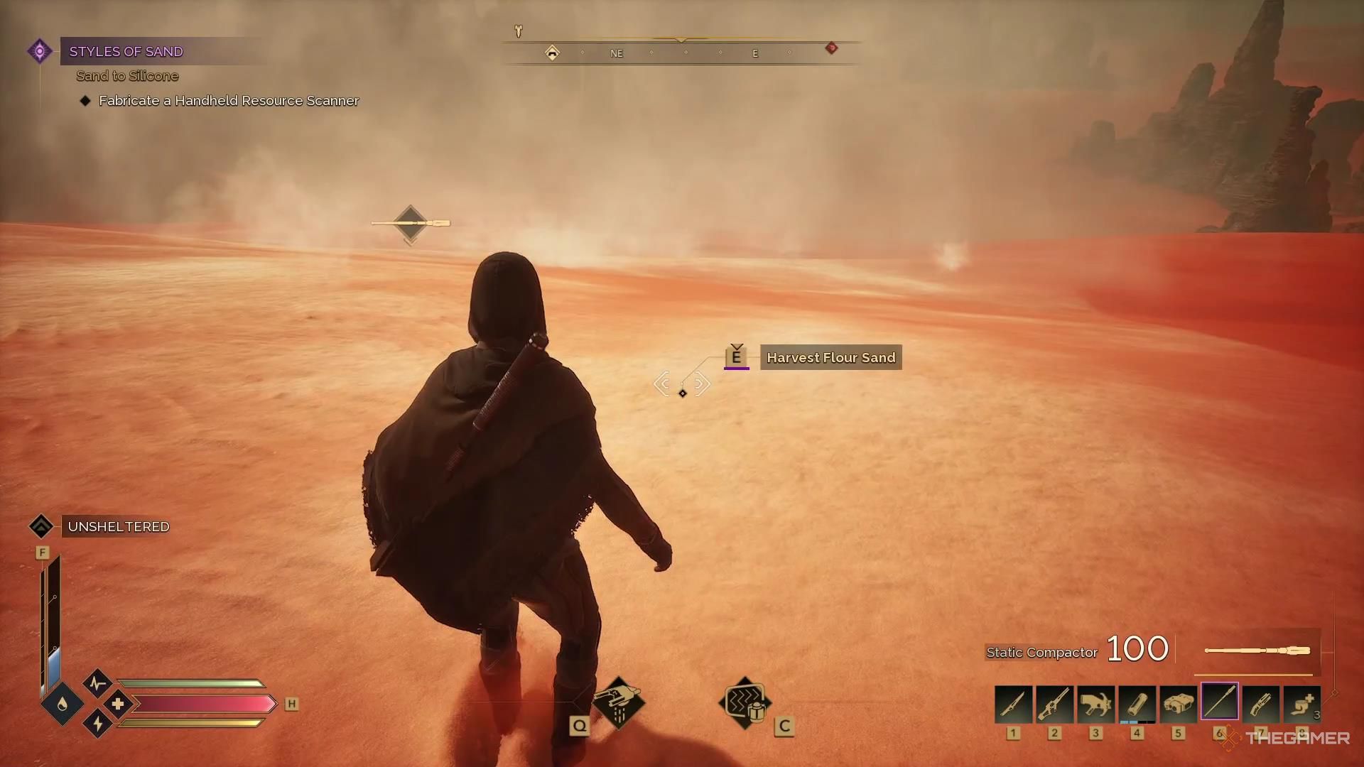 Standing in front of a collection of Flour Sand in Dune Awakening.